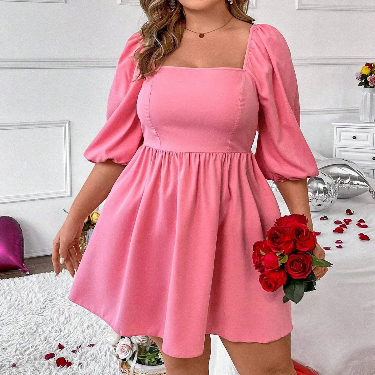 BUBBLE SLEEVE A-LINE CASUAL MINI DRESS_CWDSD3332 Semi Formal Relaxed-fit gown