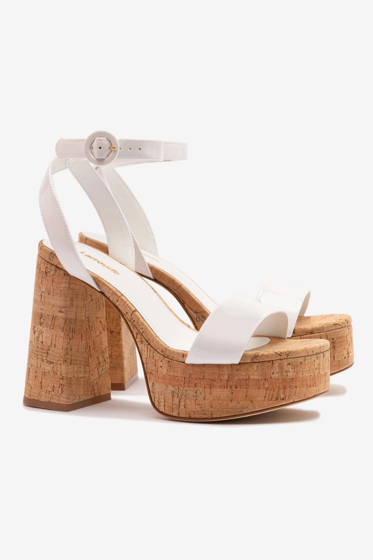 Dolly Sandal In White Patent Leather and Natural Cork Rain Guard Microfiber Lining