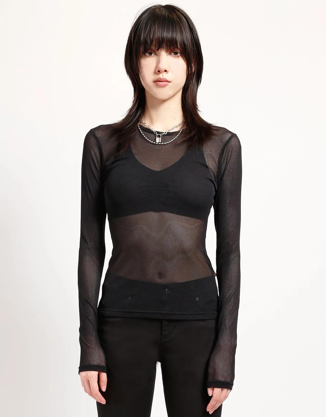 Soft Inner Lining Stretch Woven Material LADIES LONG SLEEVE FISHNET BLACK