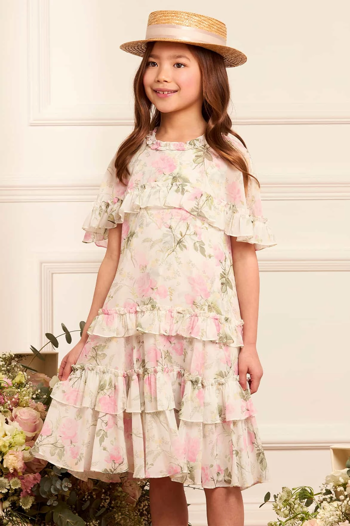 MultiPanel Design FrictionResistant Fabric Rose Chiffon Tiered Cape Kids Dress