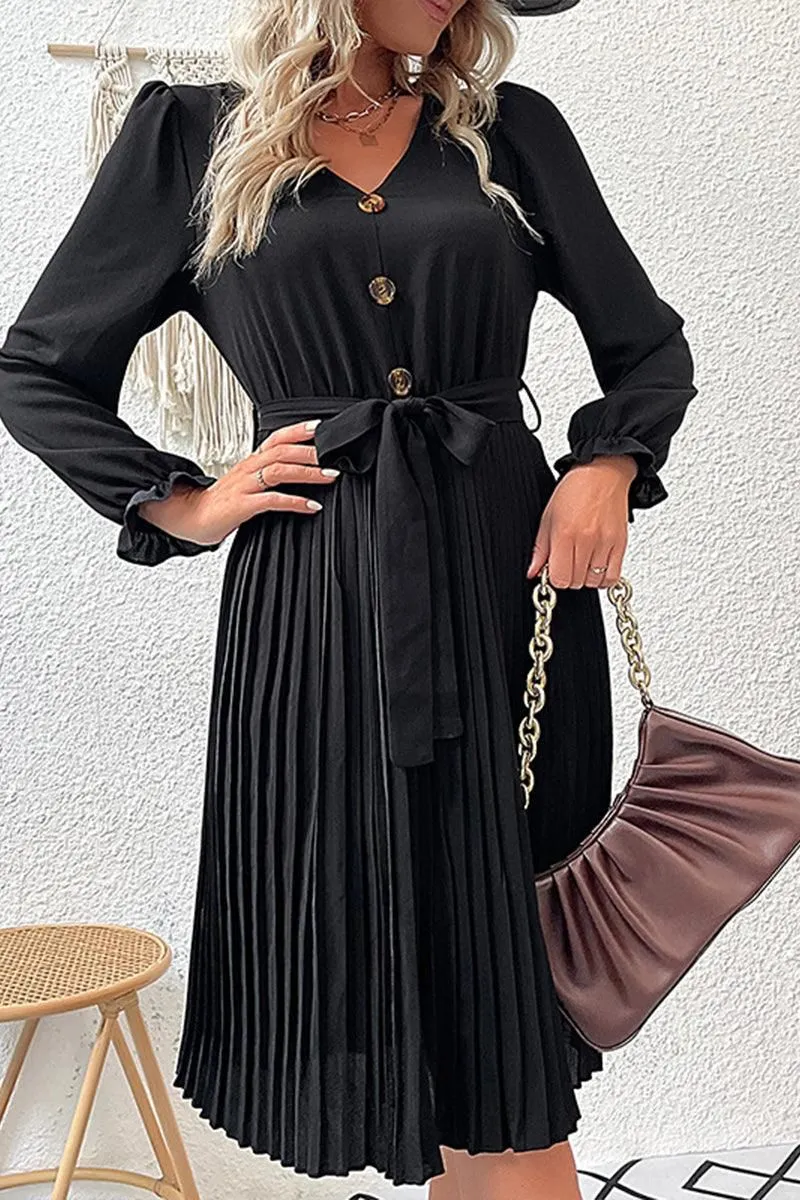BUTTON DETAILED SLIM WIST PLEATED TRENDY DRESS Urban Drape Tall-Fit