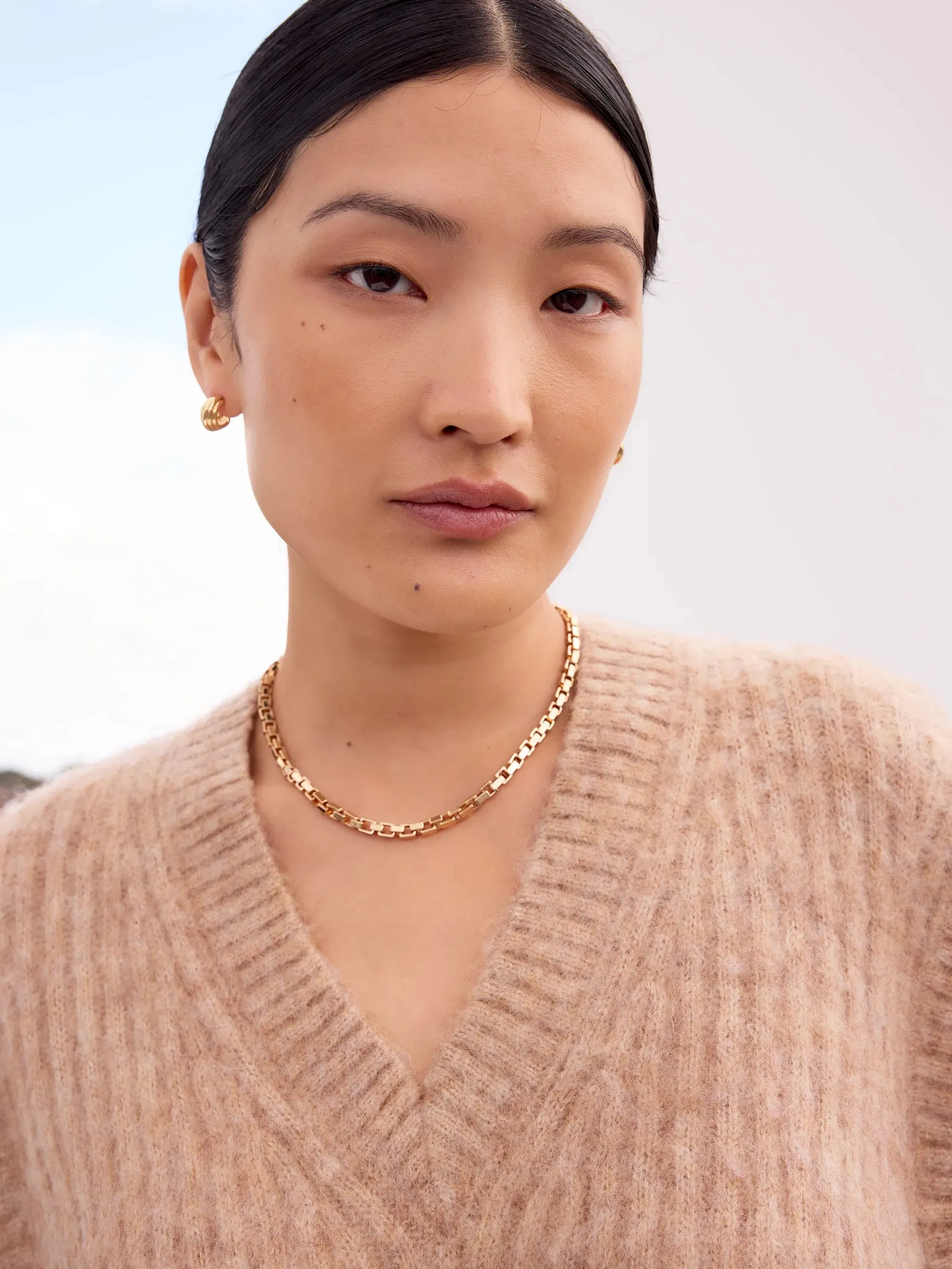 Caramel V-Neck Knit Vest with Wool and Alpaca Metallic Fiber Blend