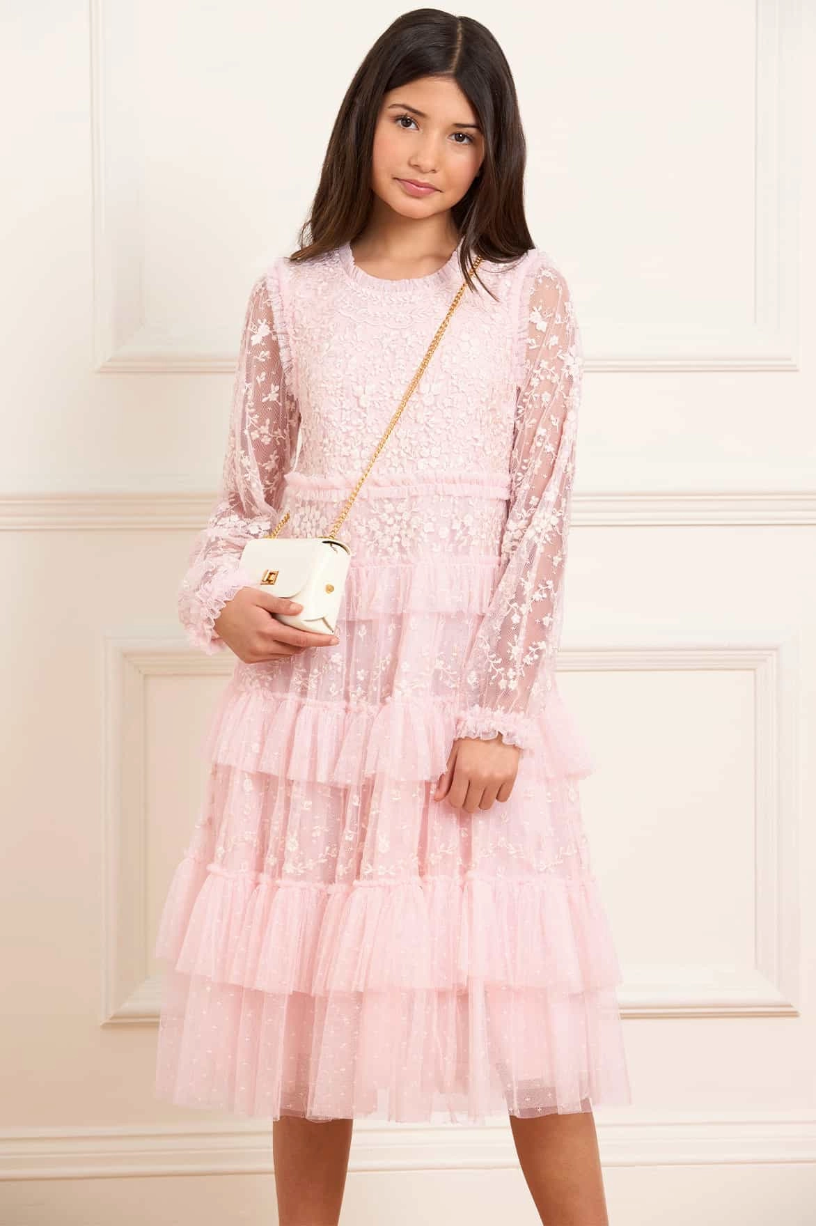 Ribbed Trims Blossom Lace Kids Dress