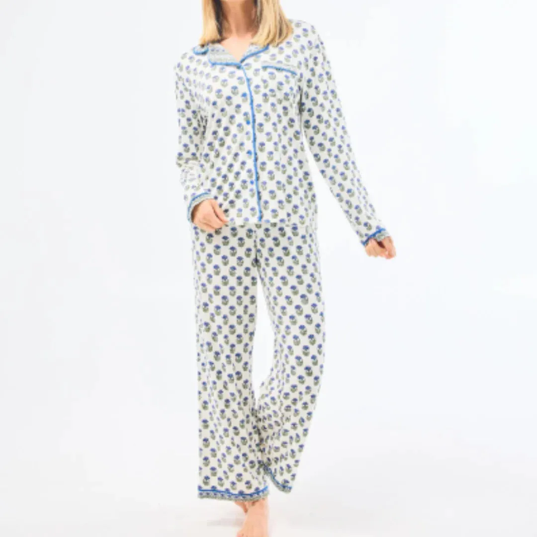 Charlotte Floral Foulard Pajama Set in Navy Drop Shoulder Cut Minimalist Silhouette