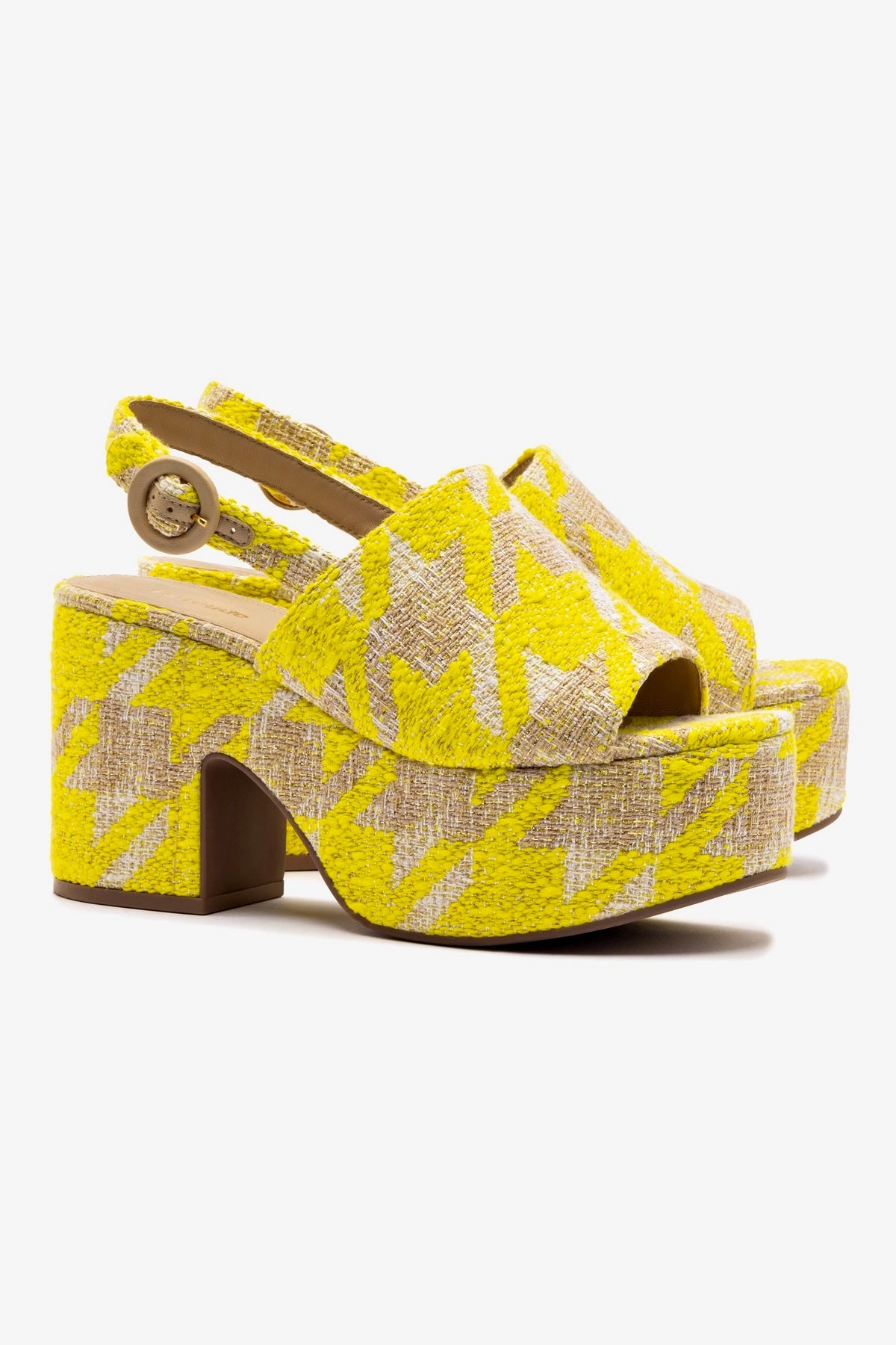 Miso Platform Sandal In Yellow Houndstooth Fabric High Arch Slip Safe