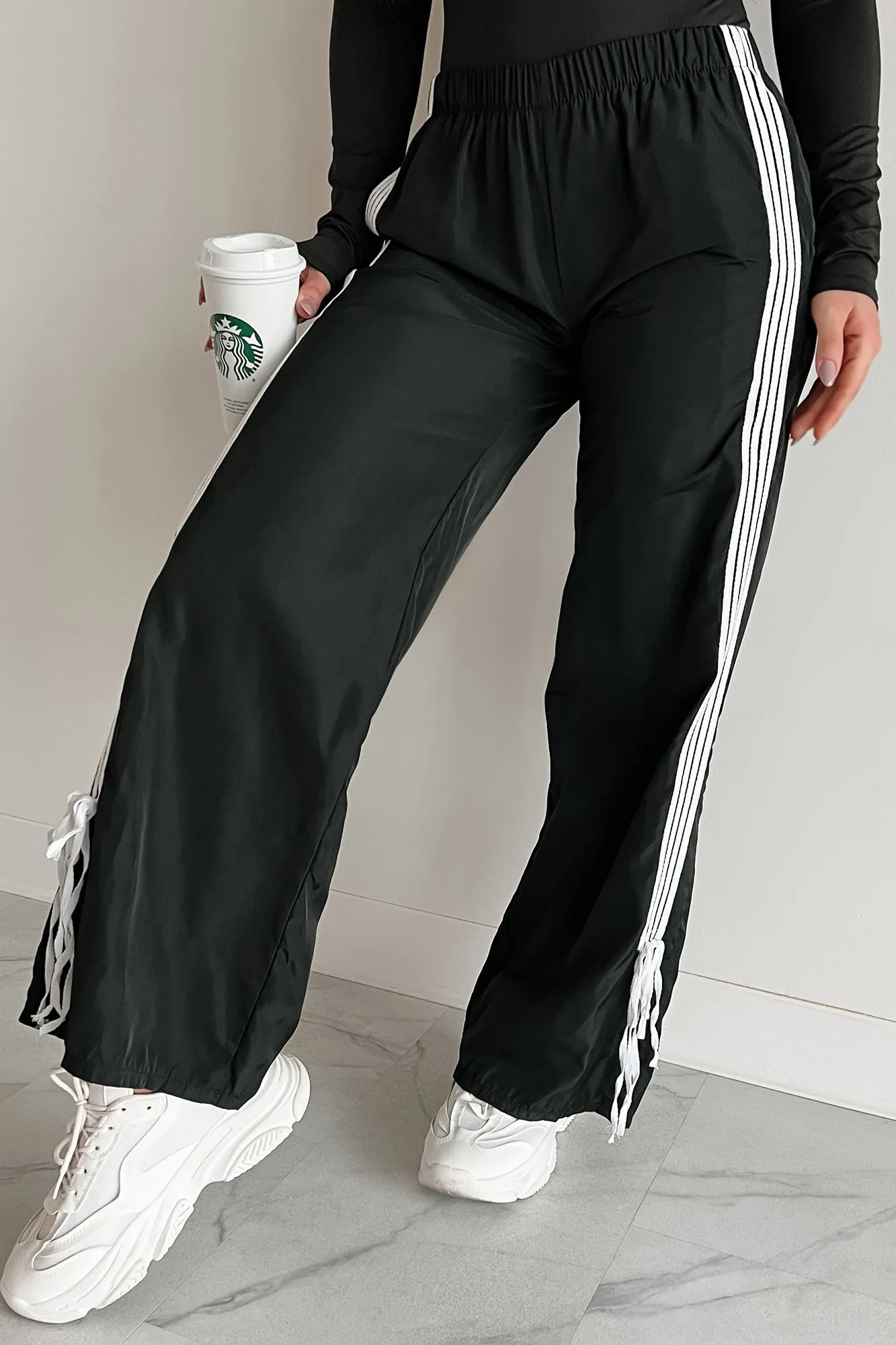 Colby Side Stripe Ribbon Tie Track Pants (Black) Recycled Polyester Chill Mode