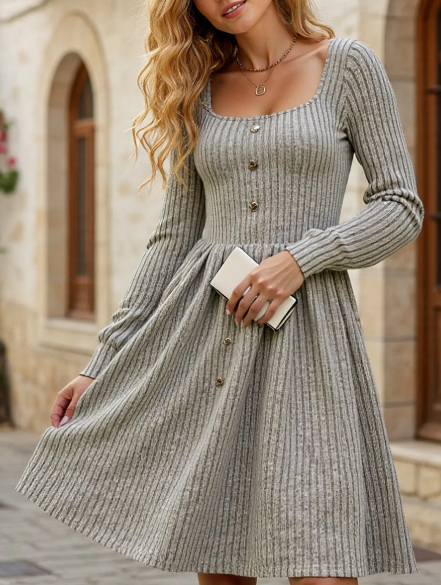 Versatile Style Wear Long-sleeved square-neck solid-color dress