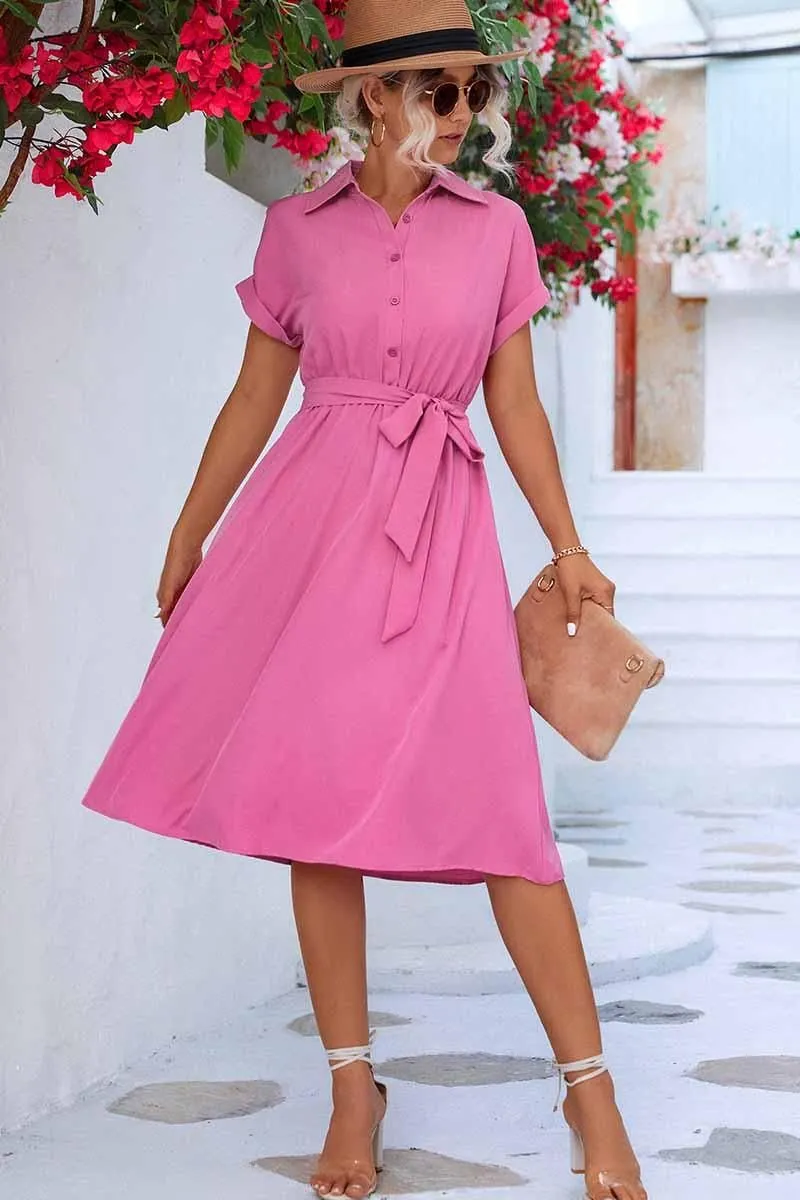 ROLL UP SLEEVE TIED WAIST FLARE SHIRTS DRESS Chic Comfort Look Vibrant color