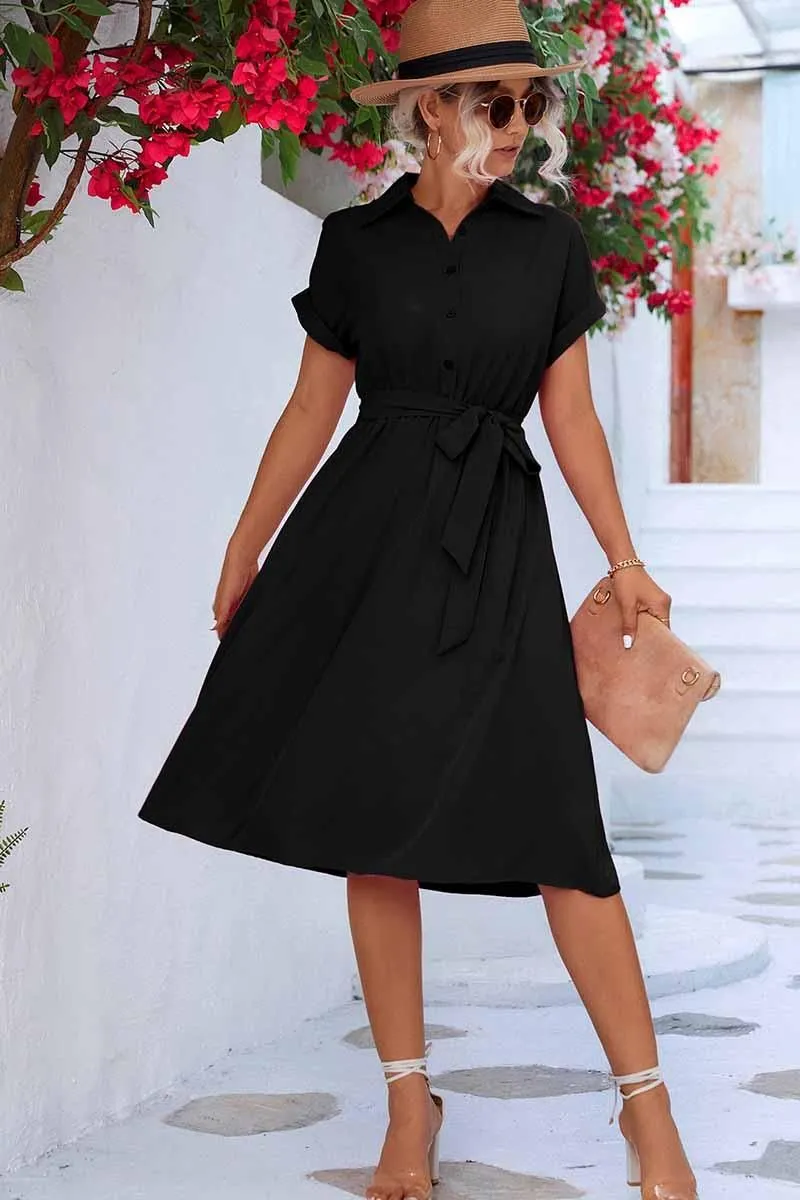 ROLL UP SLEEVE TIED WAIST FLARE SHIRTS DRESS Mix-And-Match