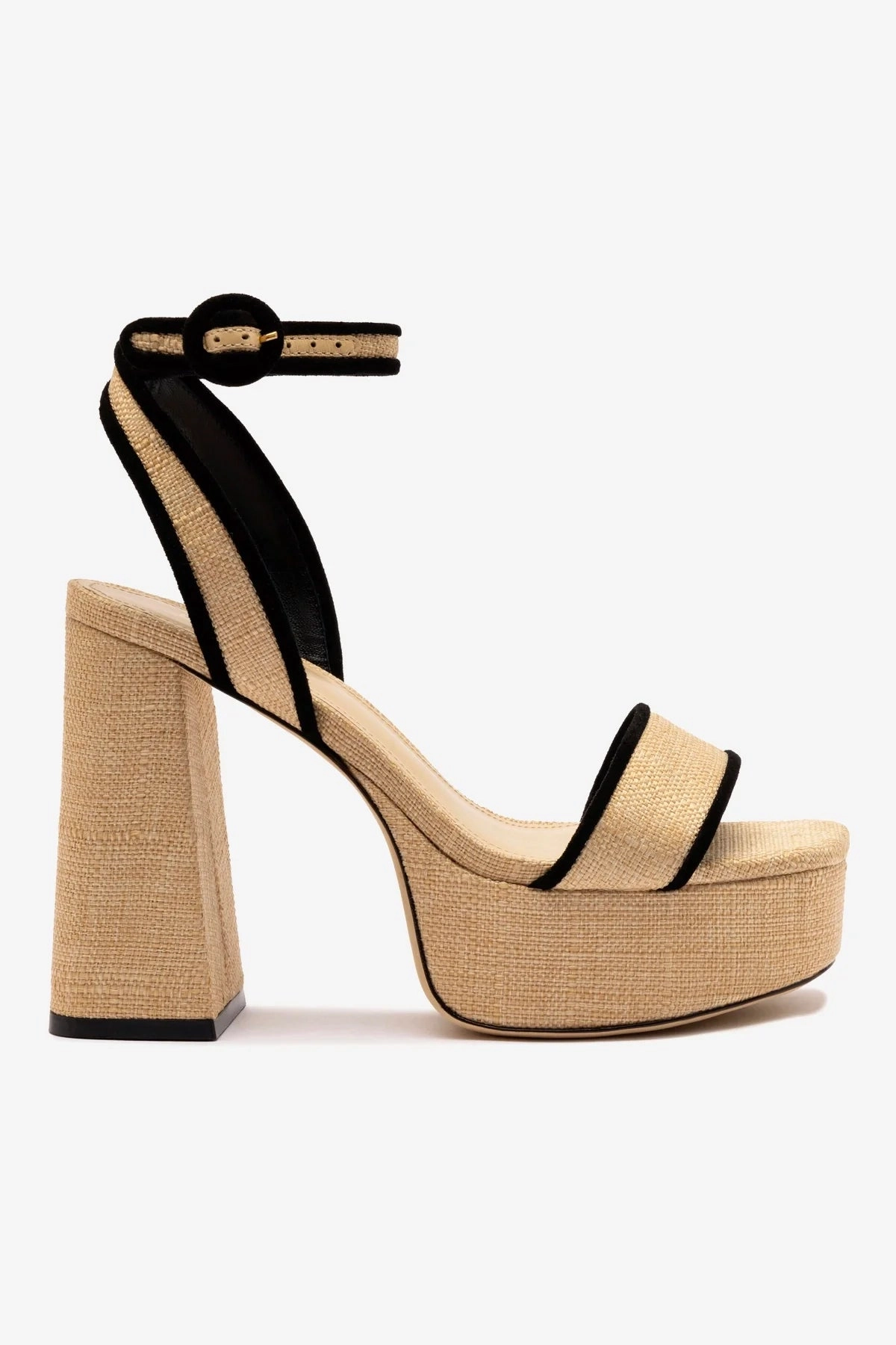 Block Walk material Dolly Sandal In Beige Raffia and Black Trimming