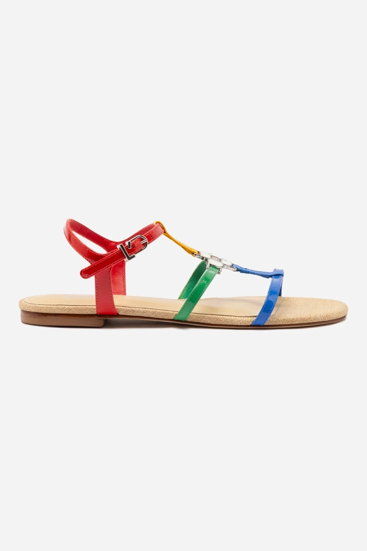 Story Glow Hana Flat Sandal In Multicolor Patent Leather and Raffia