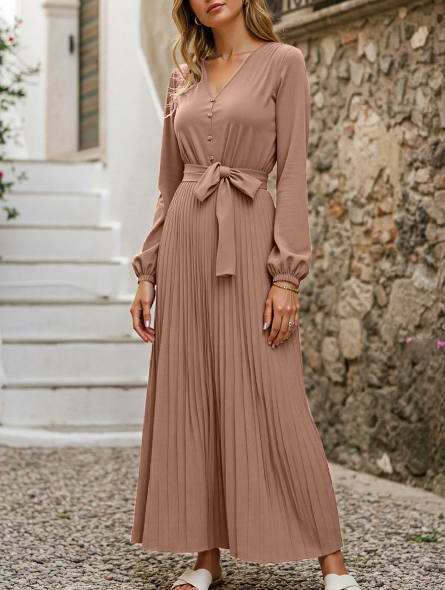 V-NECK BUTTON-UP LONG PLEATED DRESS Layered-Look