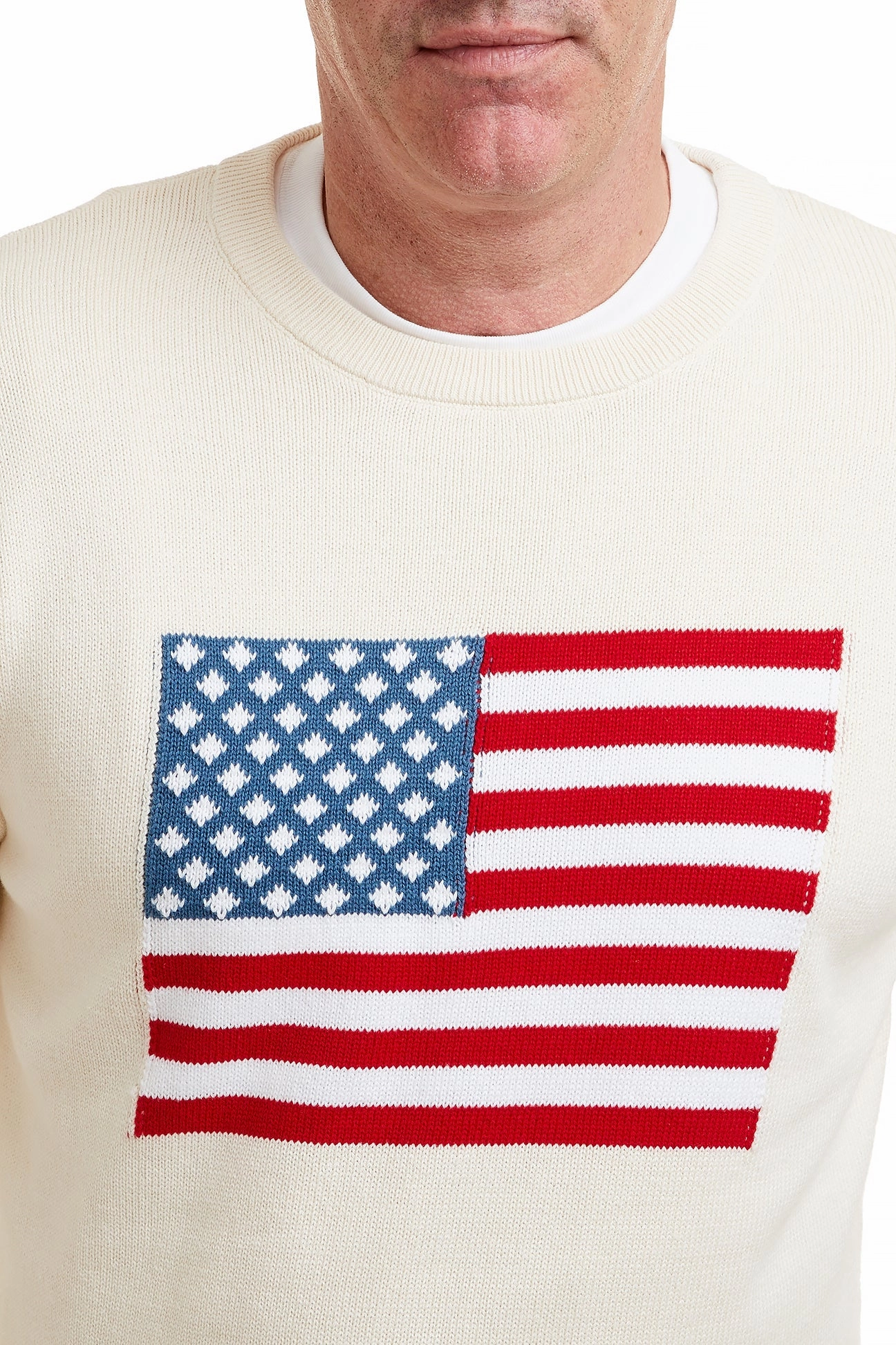 Crew Neck Sweater Cream With American Flag High Density Knit Striped-Pattern