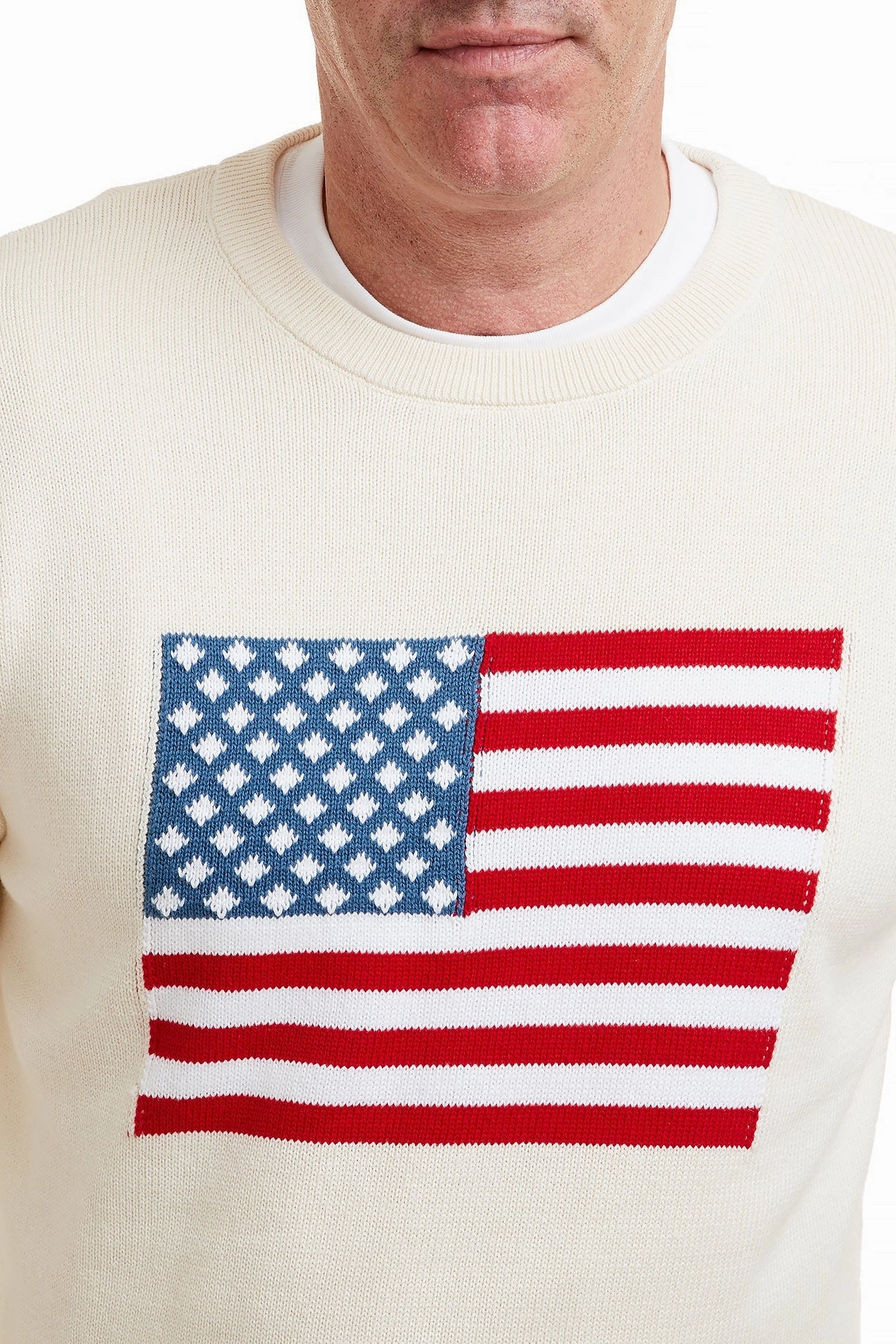 Thermal Retention Crew Neck Sweater Cream With American Flag