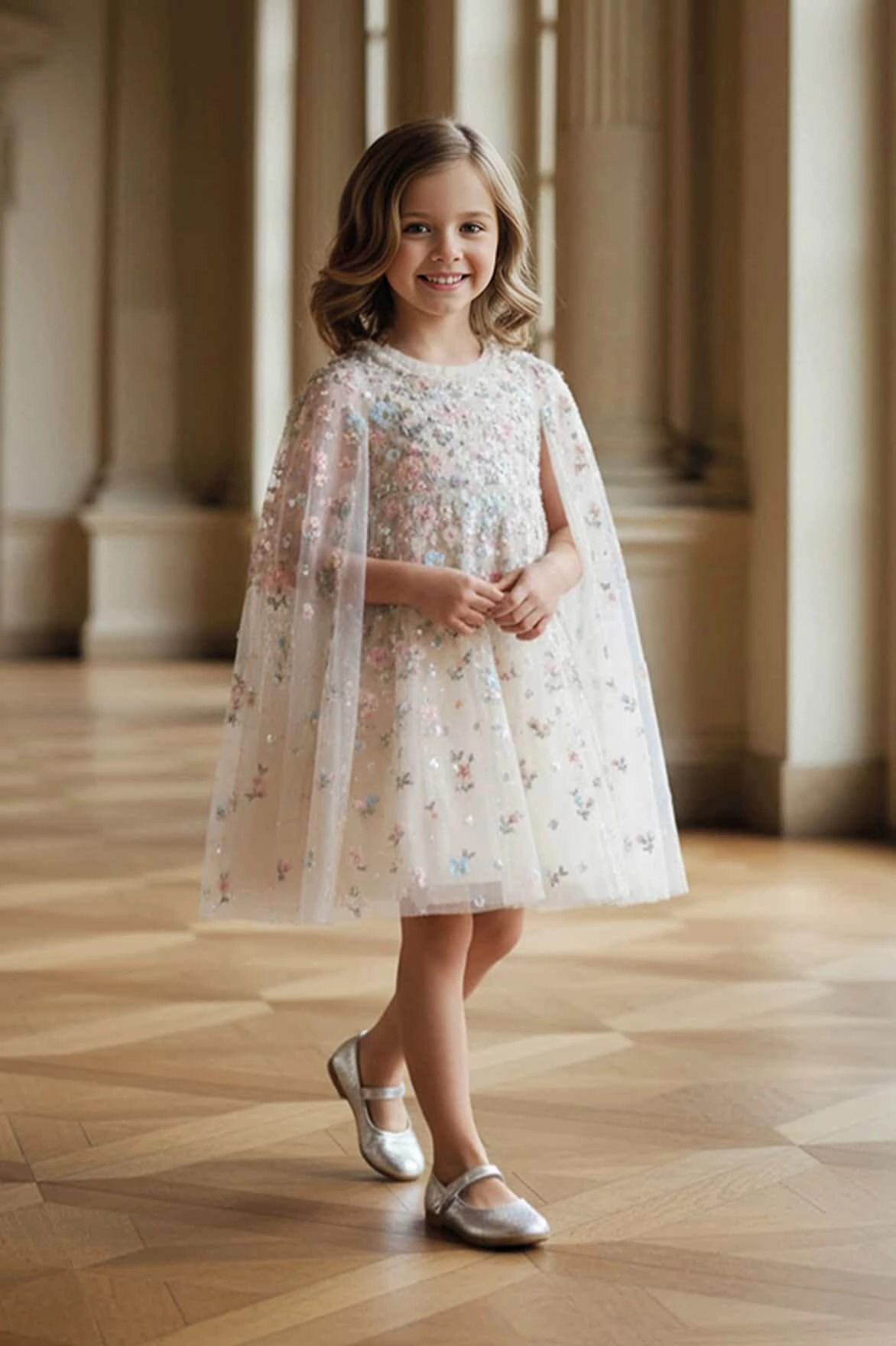 Circular Knit MultiLayer Stitching Dahlia Ditsy Cape Kids Dress