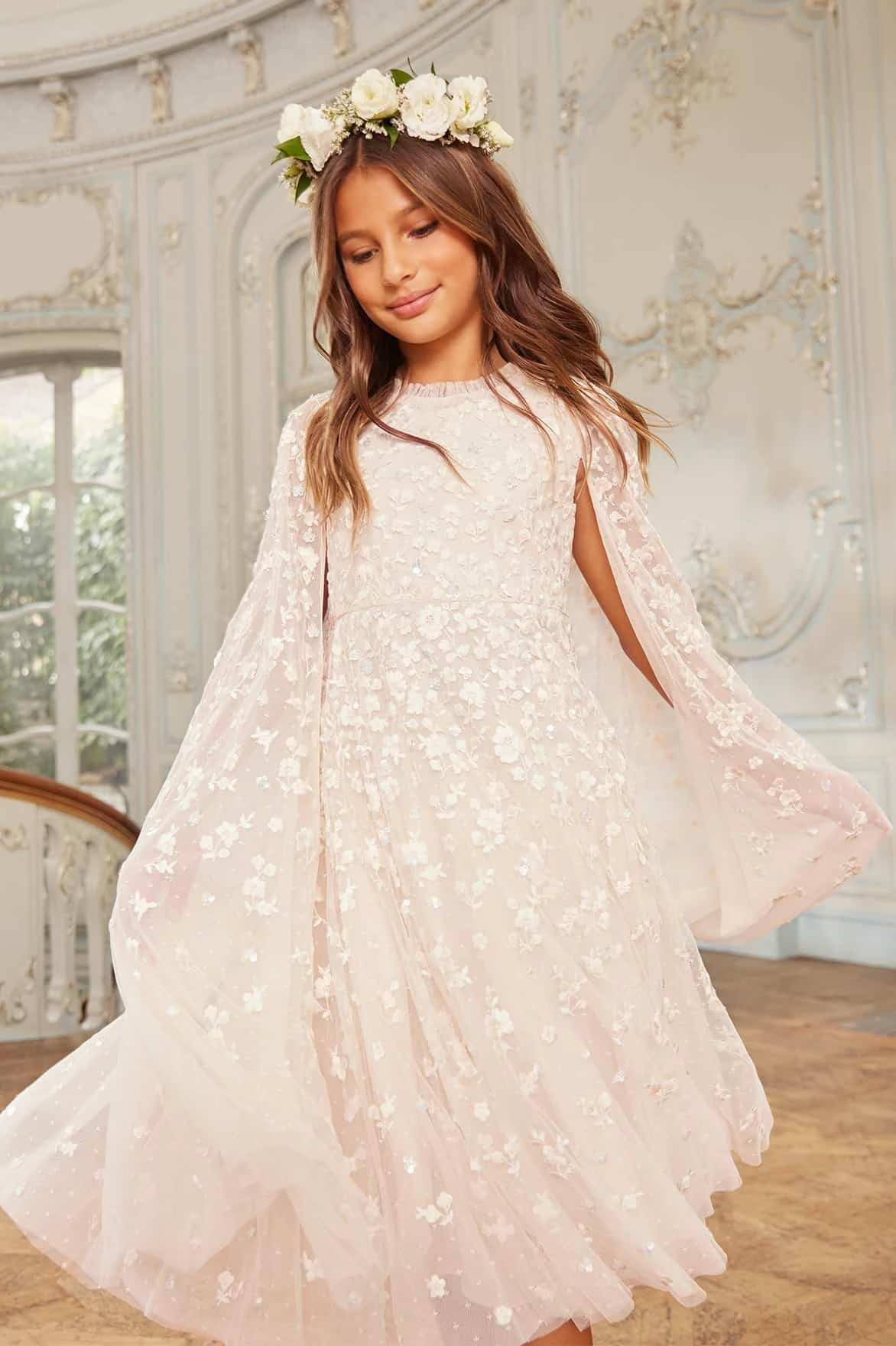 Professional Cut Self Fabric Tie Closure Dahlia Ditsy Cape Kids Dress