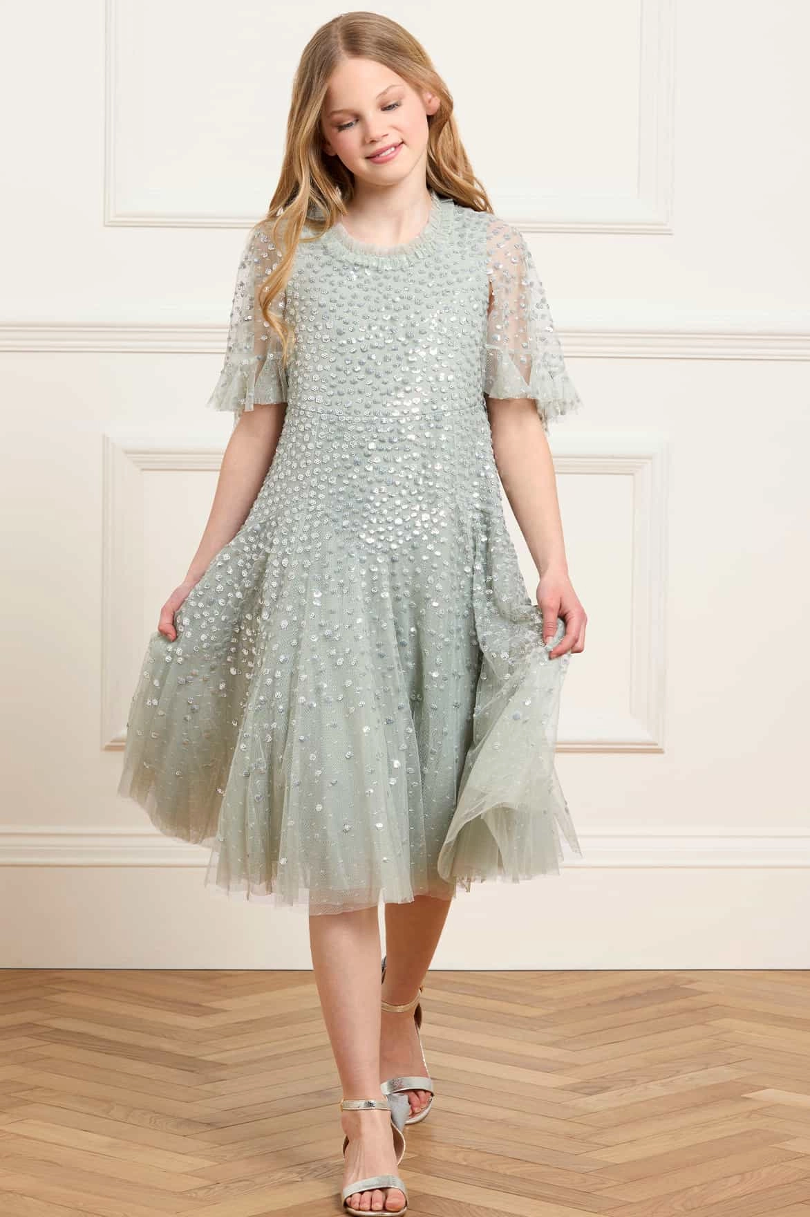Dappled Sequin Short Cape Kids Dress LayeredNeckline FrictionFreeNeckline