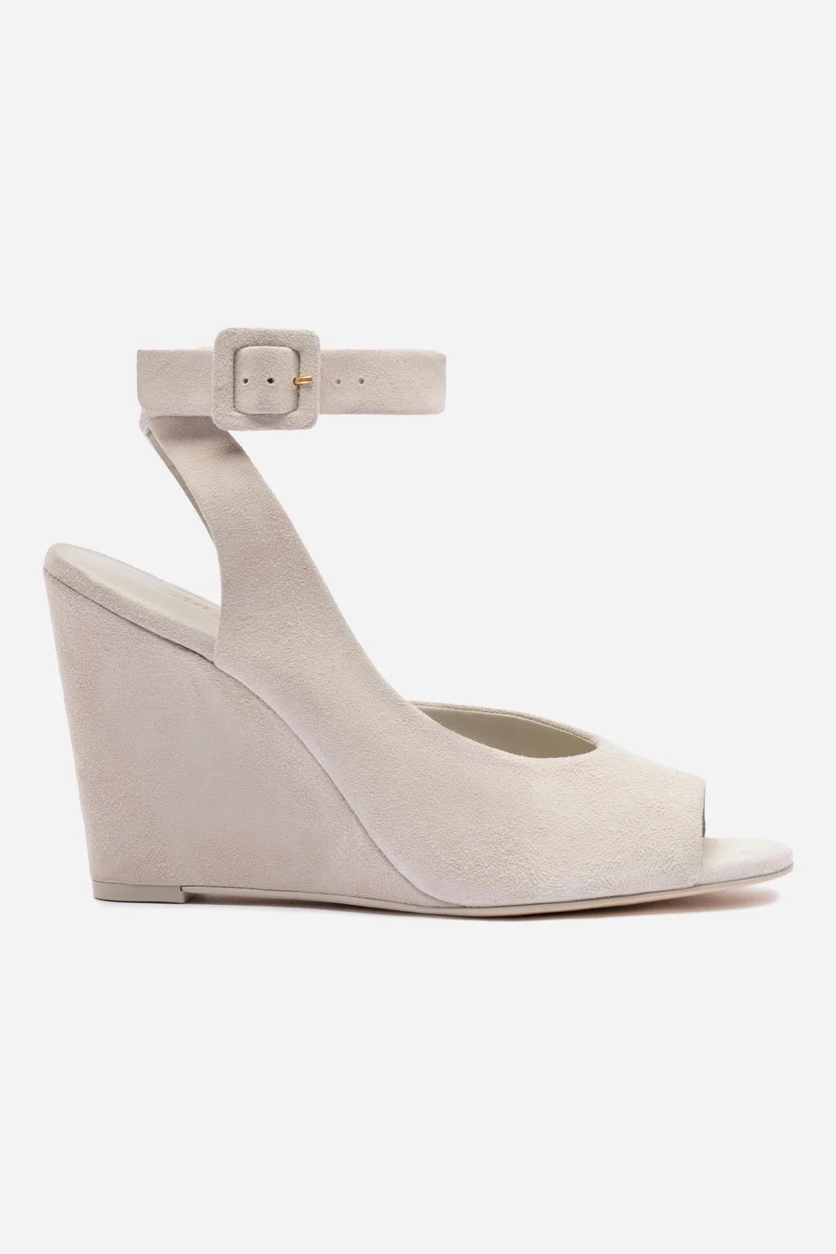 Deena By Larroud Wedge Sandal In Mushroom Grey Suede Ergonomic Travel Enthusiasts