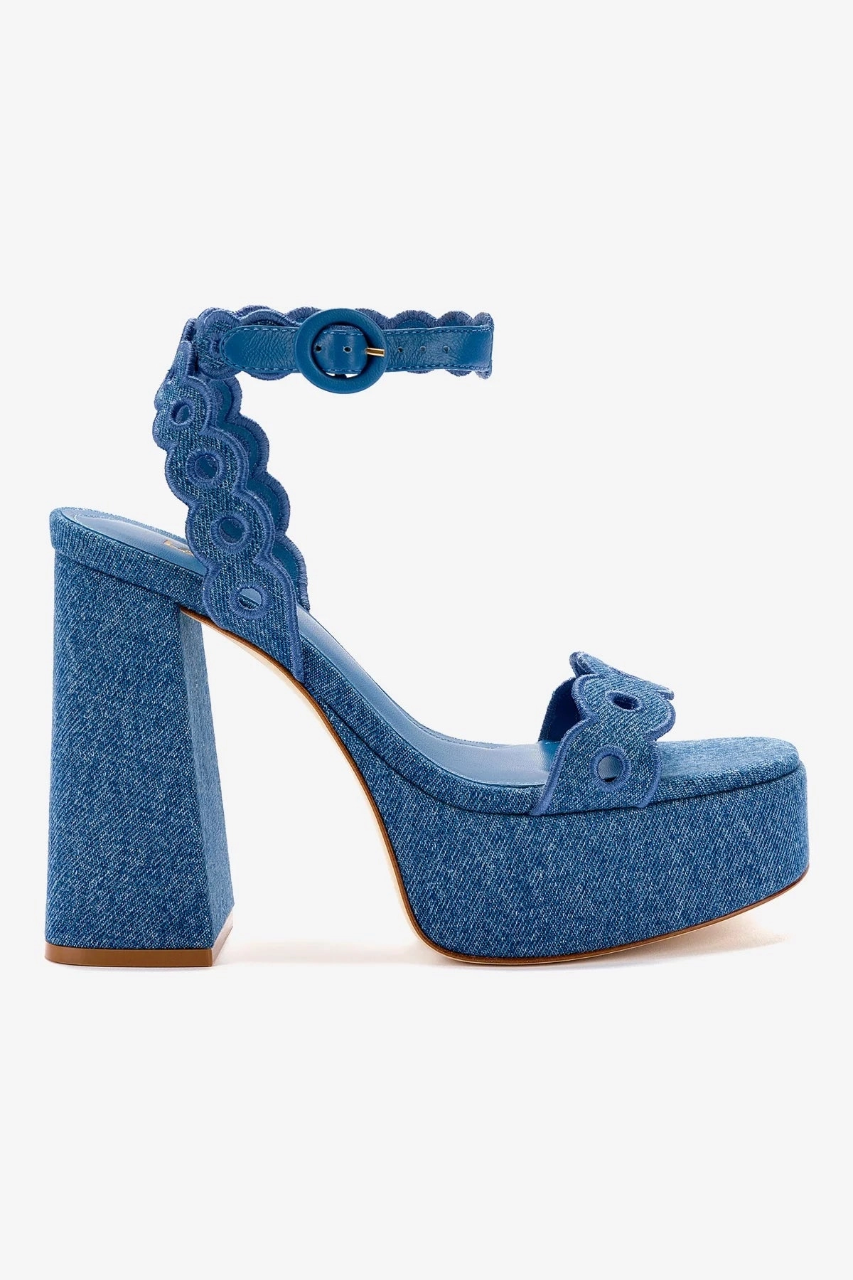 Impact Resistant Sole Dolly Broderie Sandal In Blue Stoned Denim