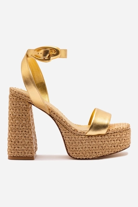 Dolly Verona Sandal In Gold Metallic Leather and Natural Raffia Office Smart