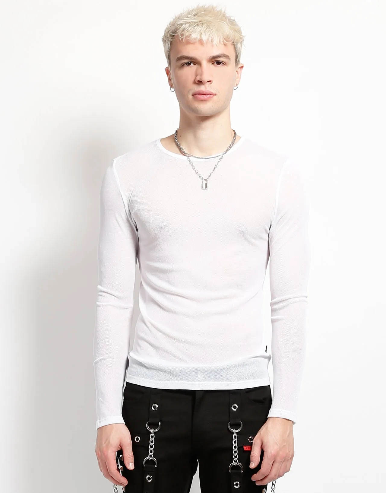 WideNeckOpening Contrast Stitch Detail MENS LONG SLEEVE FISHNET WHITE