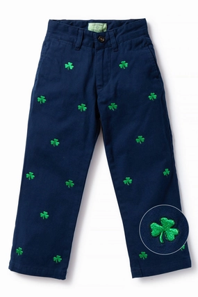 SecureClosures Quality Fabric Boys Stretch Twill Port Pant Nantucket Navy with Shamrock