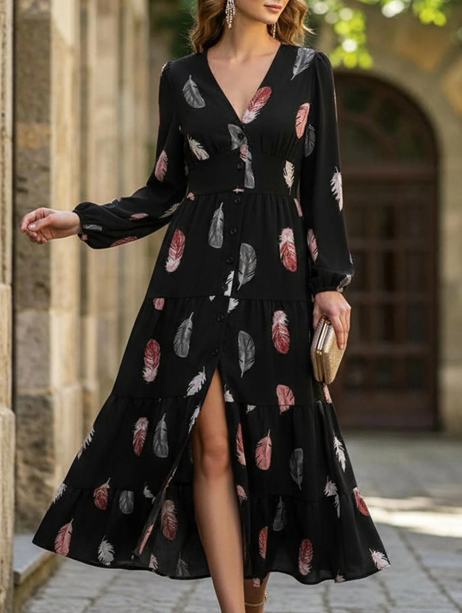 Colorful feather print three-quarter sleeve dress Grace Walk