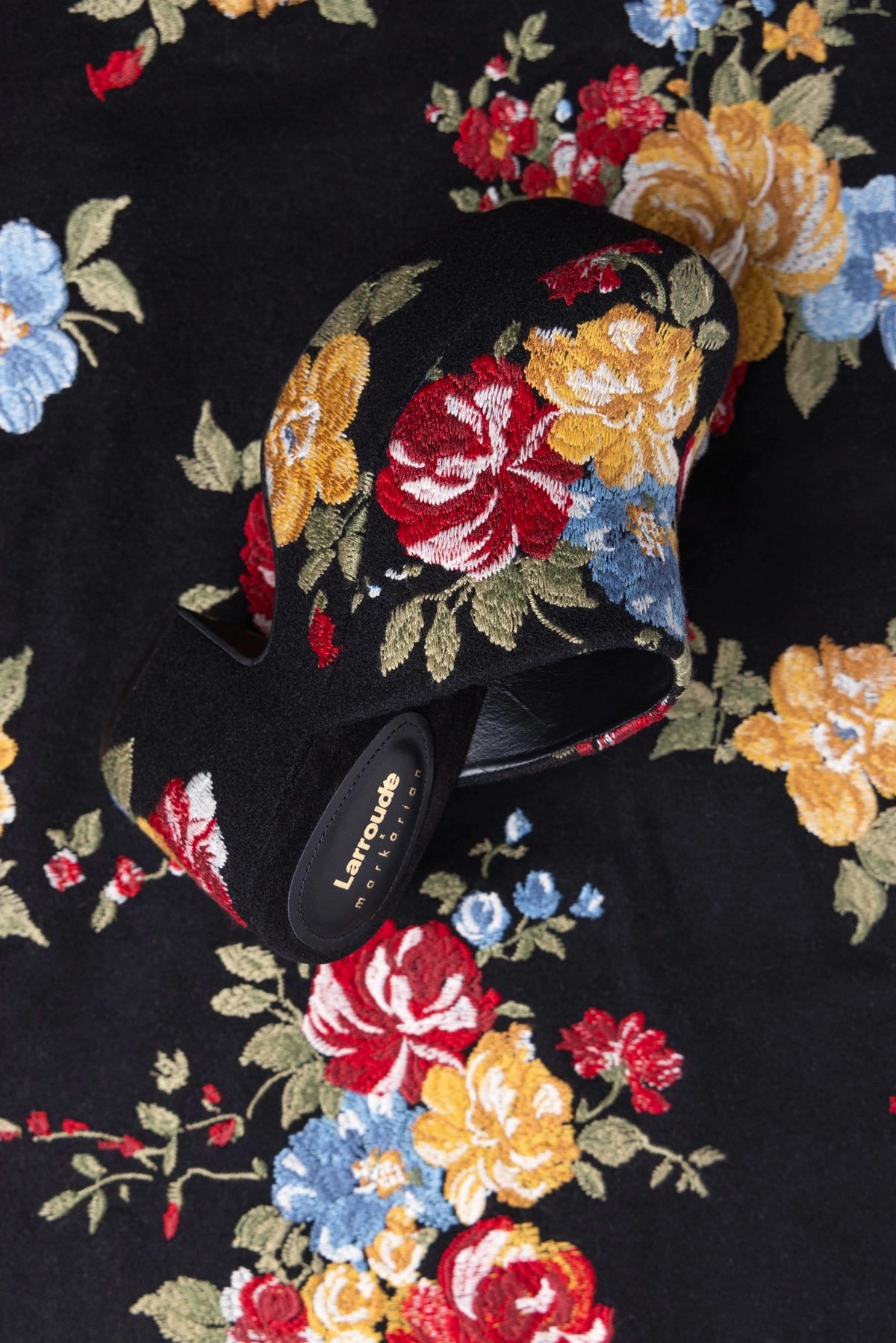 Larroud x Markarian Miso Clog In Floral Embroidery Black Fabric Knitted Warm Comfort Slope