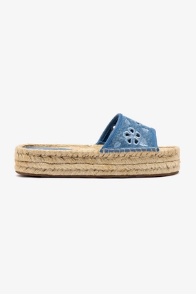 New In Letizia Espadrille Flatform In Blue Stoned Denim and Hibiscus Broderie