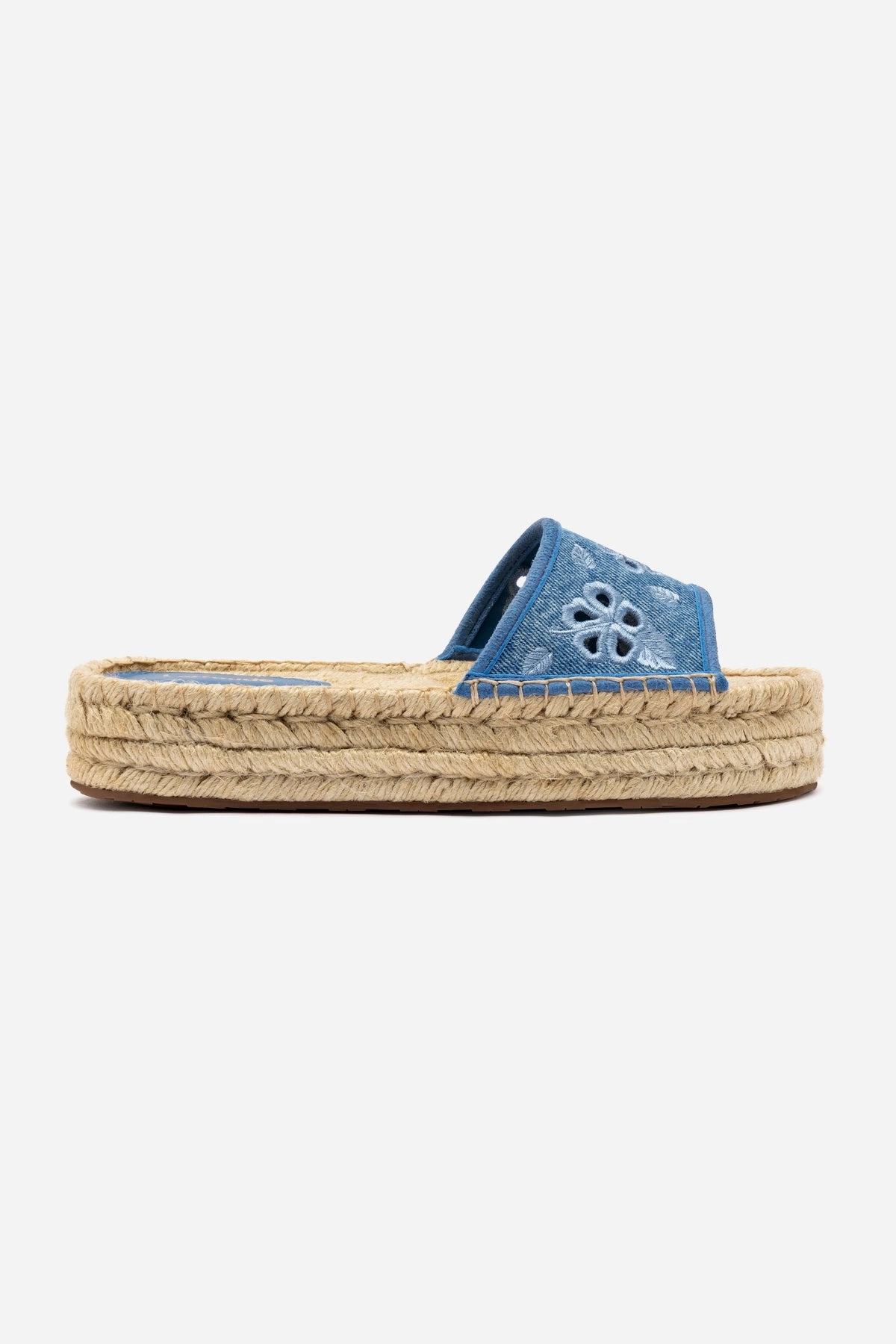 Slip On Style Letizia Espadrille Flatform In Blue Stoned Denim and Hibiscus Broderie