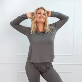 FACEPLANT BAMBOO LONG SLEEVE PAJAMA SHIRT in EARL GREY DoubleStitched Hem