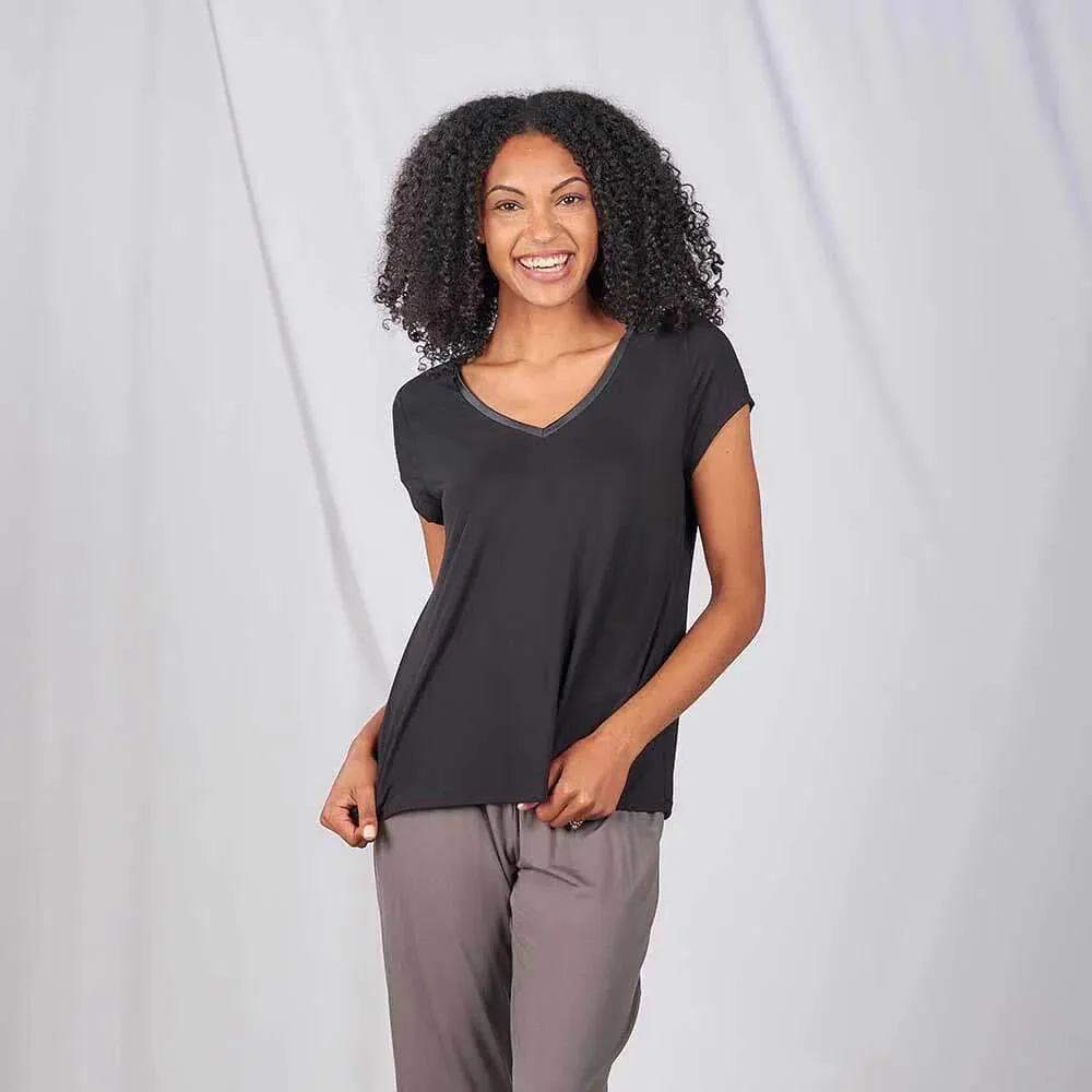 Flatlock Seams Comfy Style Faceplant Dreams Bamboo V-Neck Pajama Tee in Black