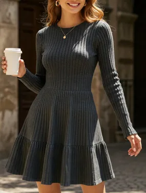 Striped Crew Neck Knit Sweater Dress Comfort Fit