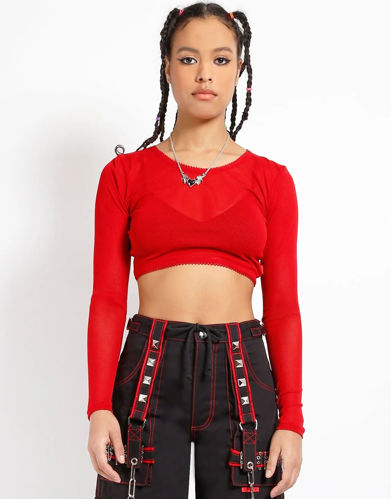 LONG SLEEVE CROP FISHNET RED Biodegradable Fiber Blend