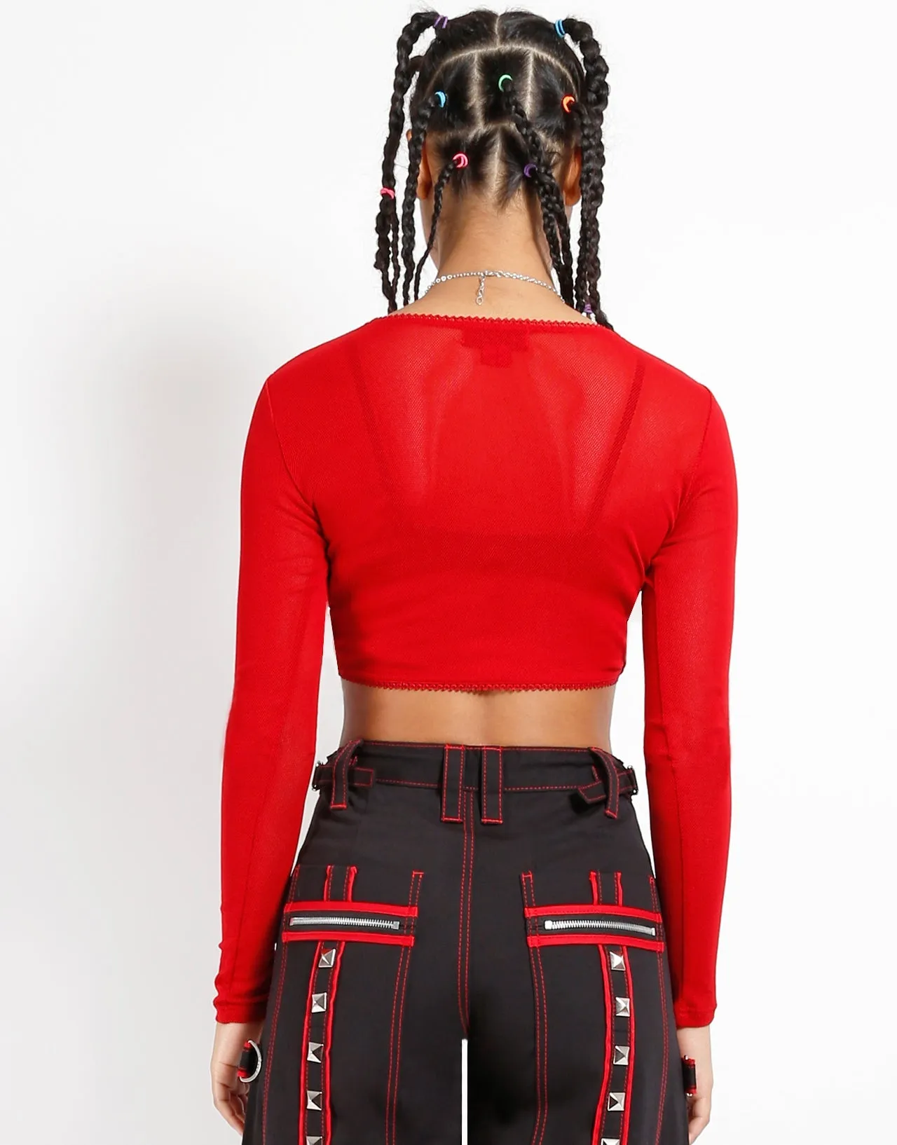 LONG SLEEVE CROP FISHNET RED Unstructured Fit