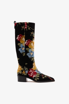 Larroud x Markarian Florencia Boot In Floral Embroidery Black Fabric Long Move