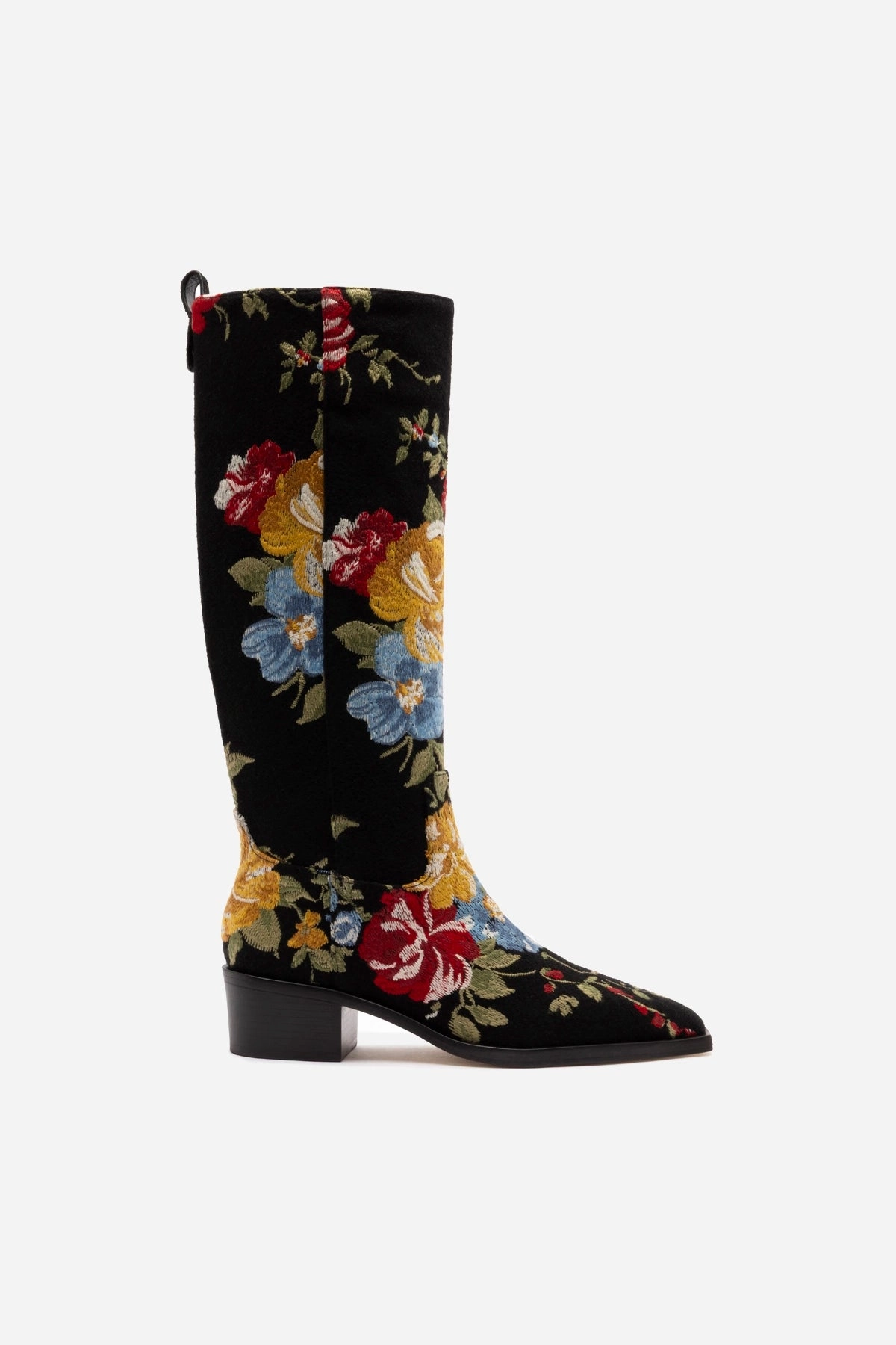 Smooth zipper closure Larroud x Markarian Florencia Boot In Floral Embroidery Black Fabric