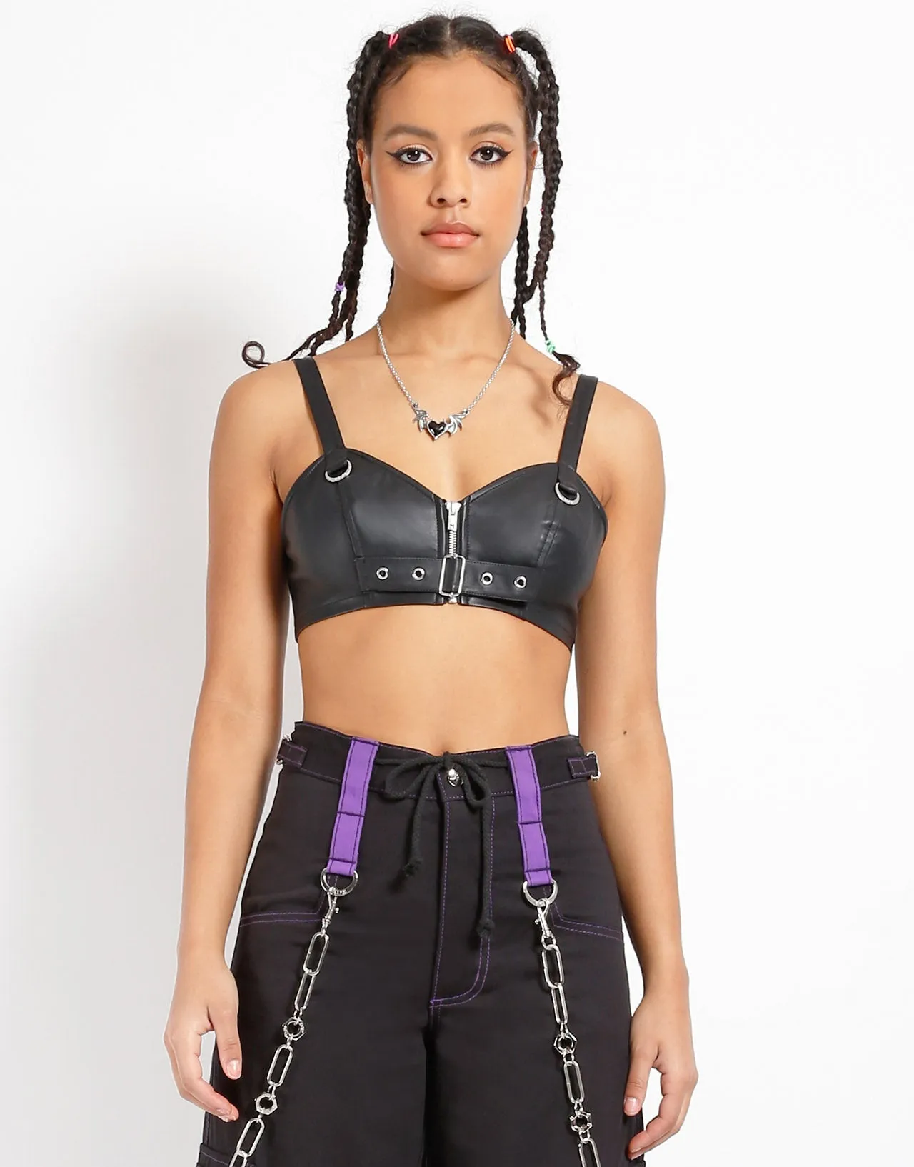 MinimalistCut Compact Weave Fabric FAUX LEATHER BUCKLE CROP HALTER