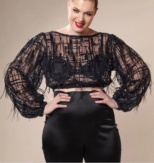 Drop Shoulder Silhouette HeatPressedLogos Feathered Sheer Rae Blouse w/ Sequin Detail- JIBRI