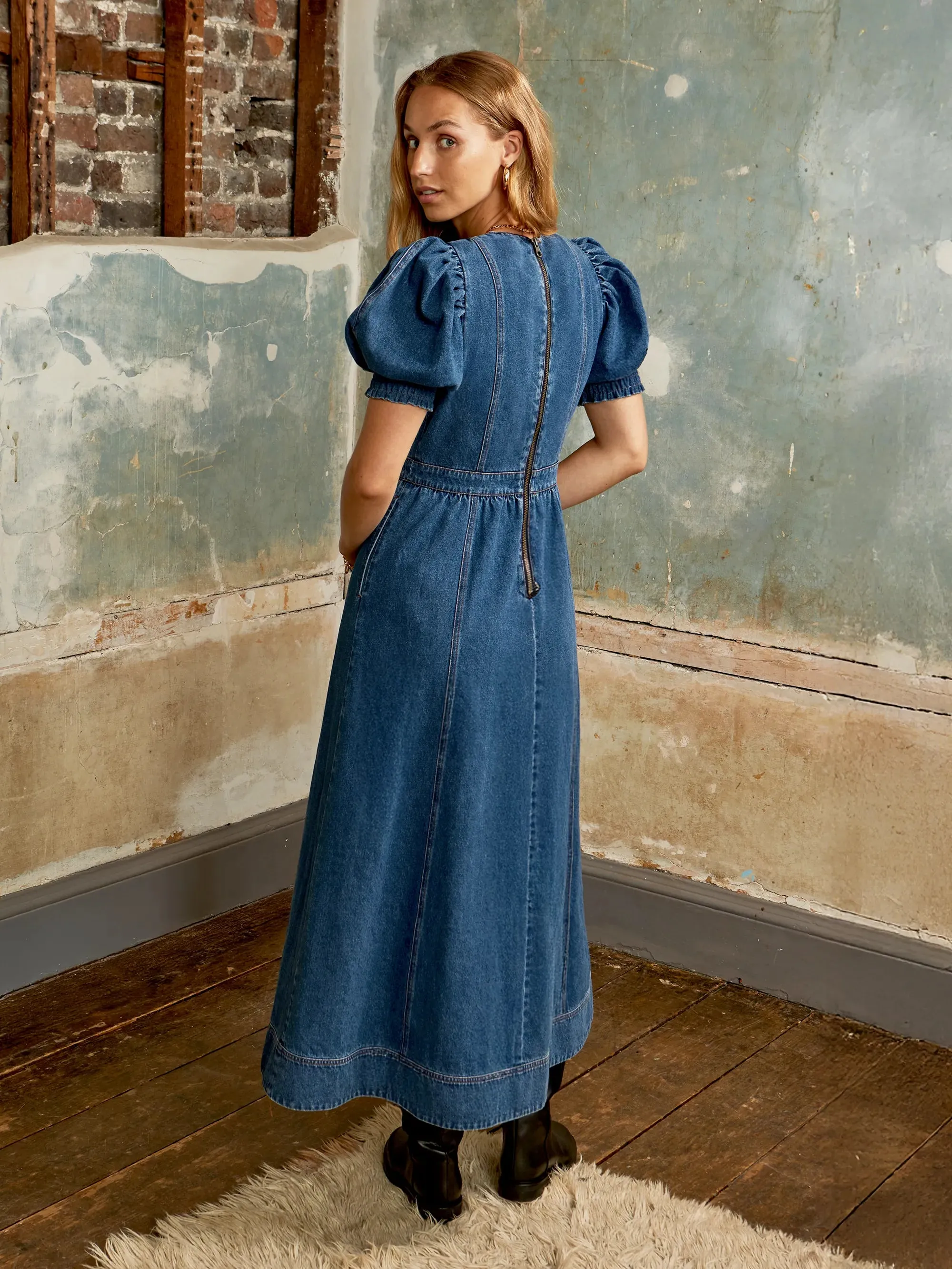 Puff-Sleeve Denim Midaxi Dress Sheer Overlay Material