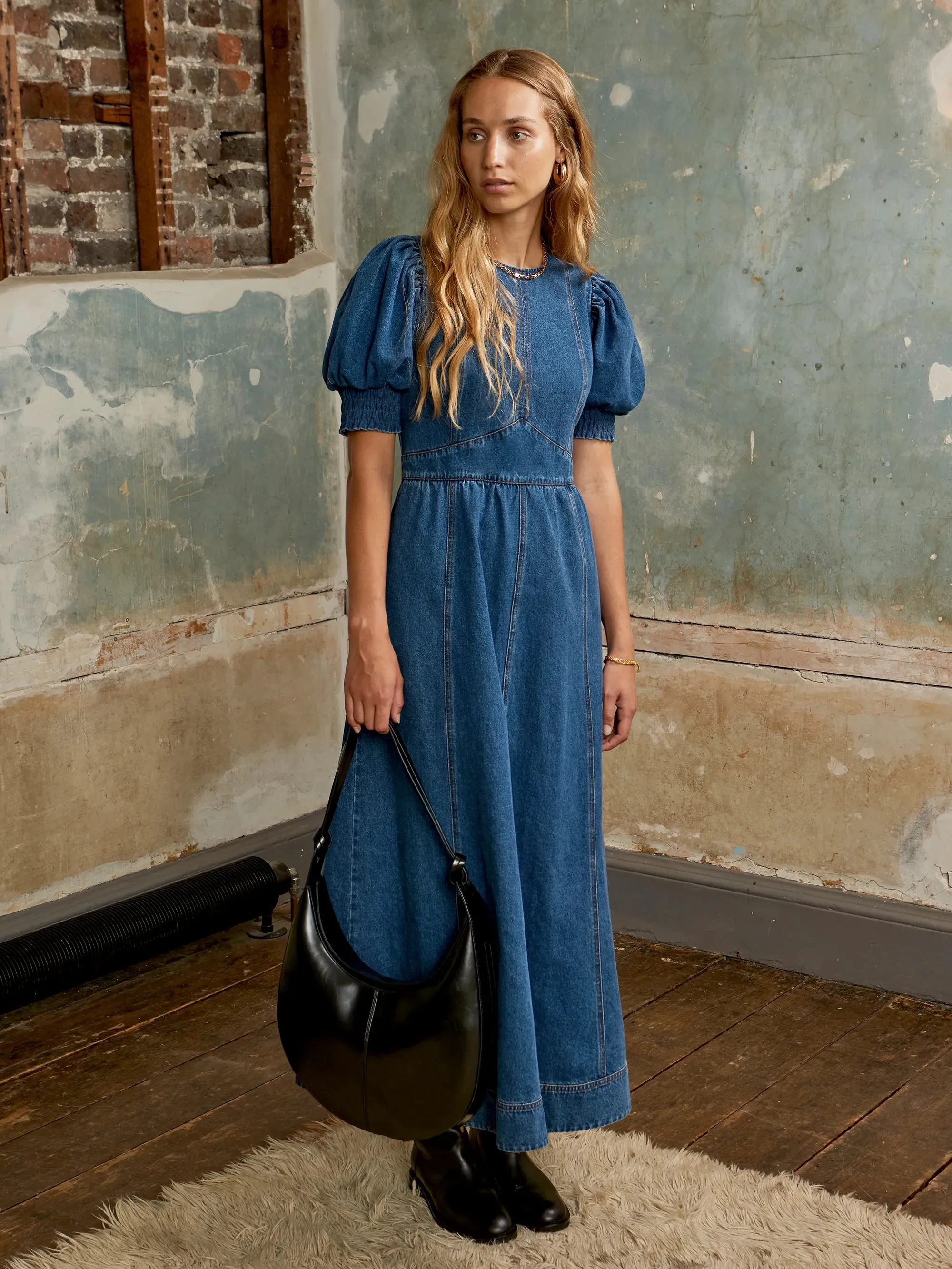 Puff-Sleeve Denim Midaxi Dress Contrast Topstitching Detail LightweightTexture