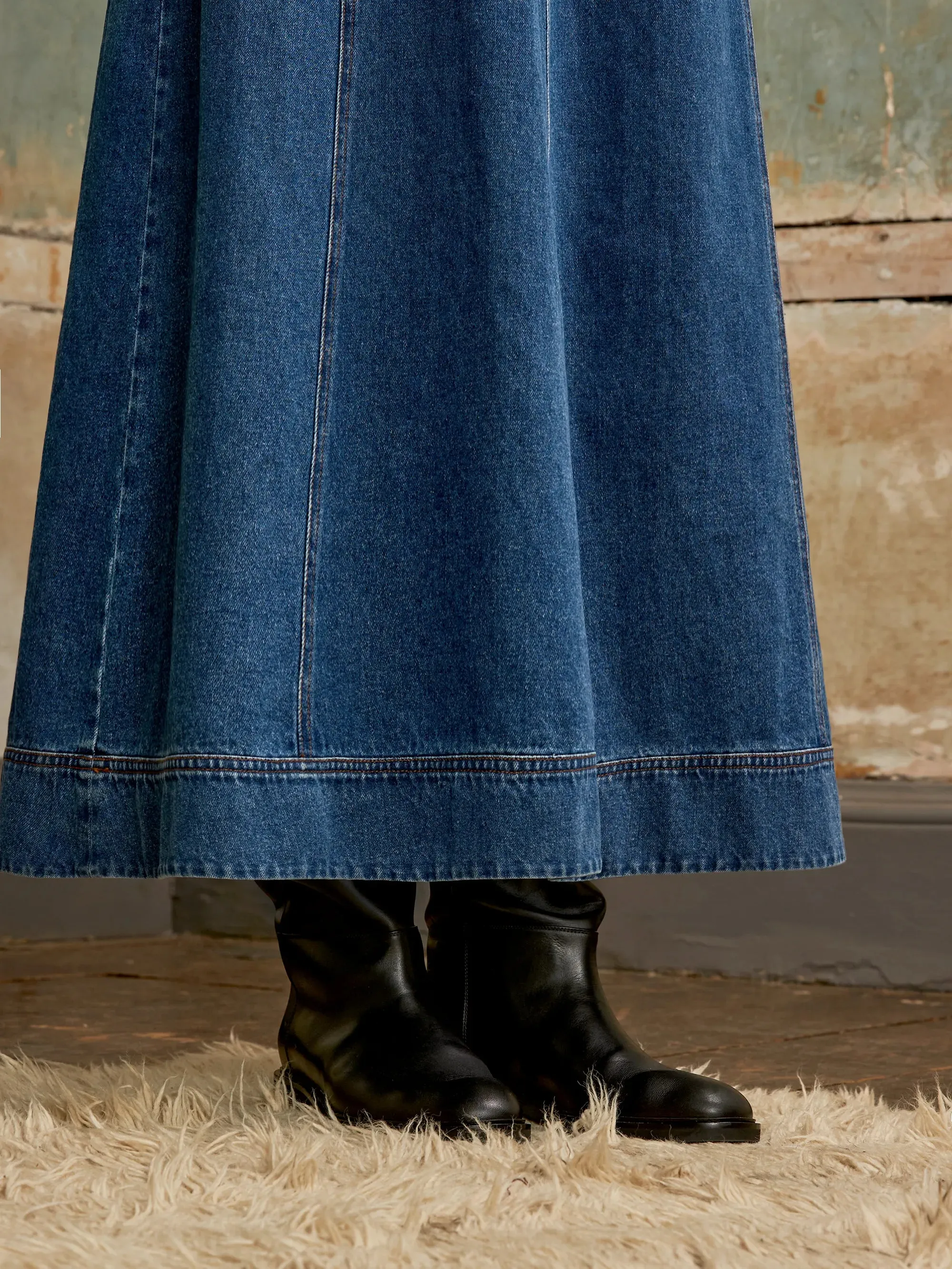 Puff-Sleeve Denim Midaxi Dress Slim Fit Shirt All Purpose Casual Cut