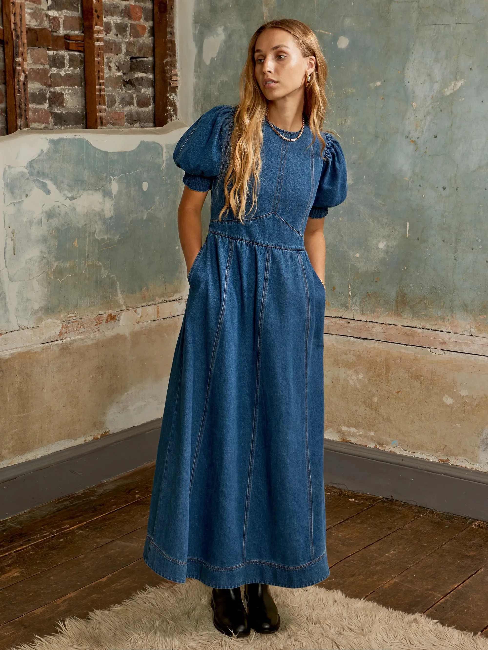 Puff-Sleeve Denim Midaxi Dress Relaxed Look