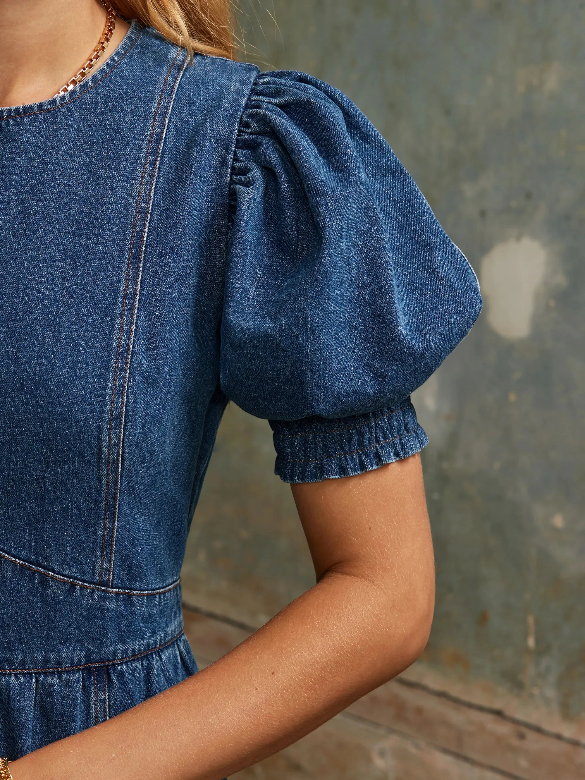 WrinkleFree Weaving Puff-Sleeve Denim Midaxi Dress