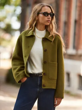 Soft Hoodie Khaki Double-Faced Boxy Jacket with Wool
