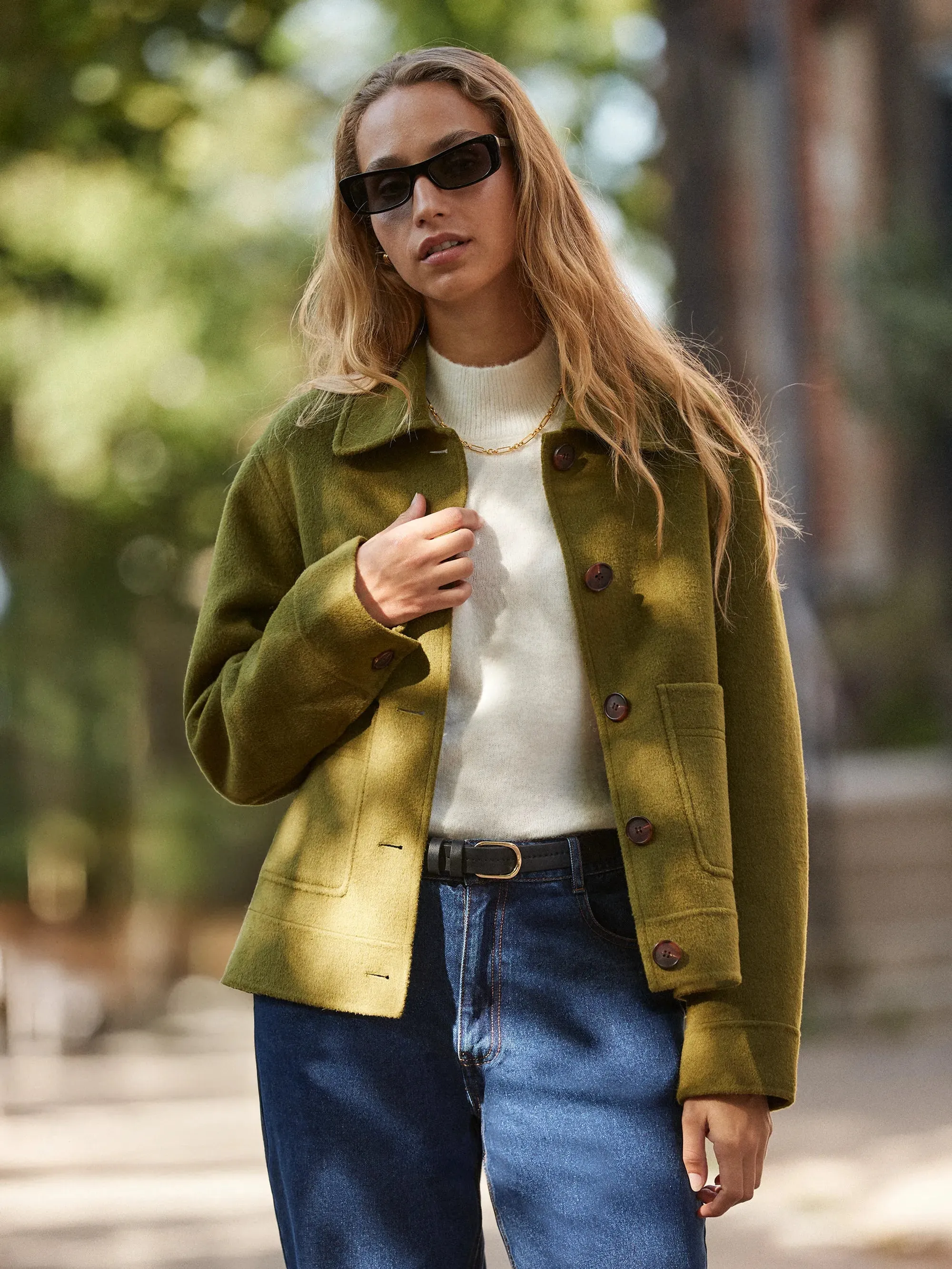 Elegant Cut Chic Sweater Khaki Double-Faced Boxy Jacket with Wool