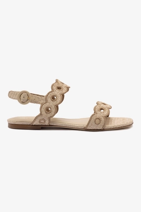 Calm Step Florence Broderie Flat Sandal In Natural Raffia and Hazelnut Trimming