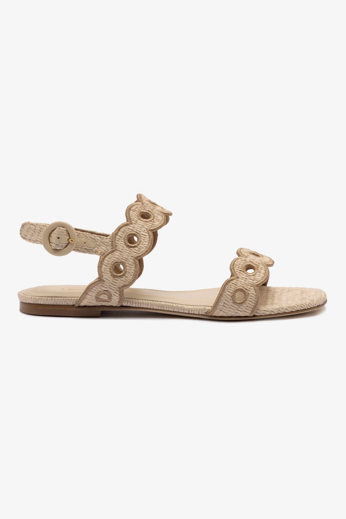Florence Broderie Flat Sandal In Natural Raffia and Hazelnut Trimming Stable construction Hero Walk