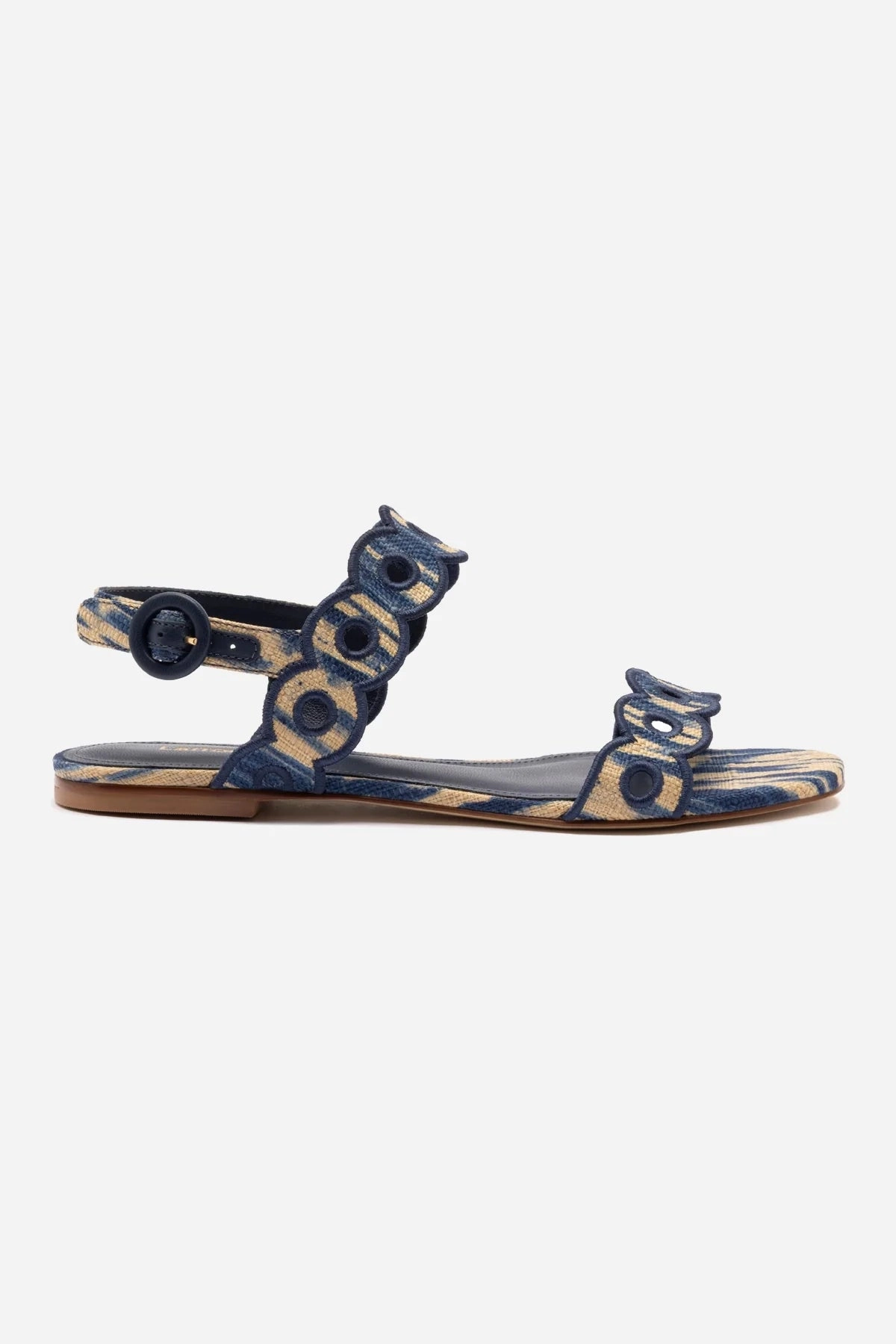 Florence Broderie Flat Sandal In Tie Dye Beige and Navy Raffia Street Cool