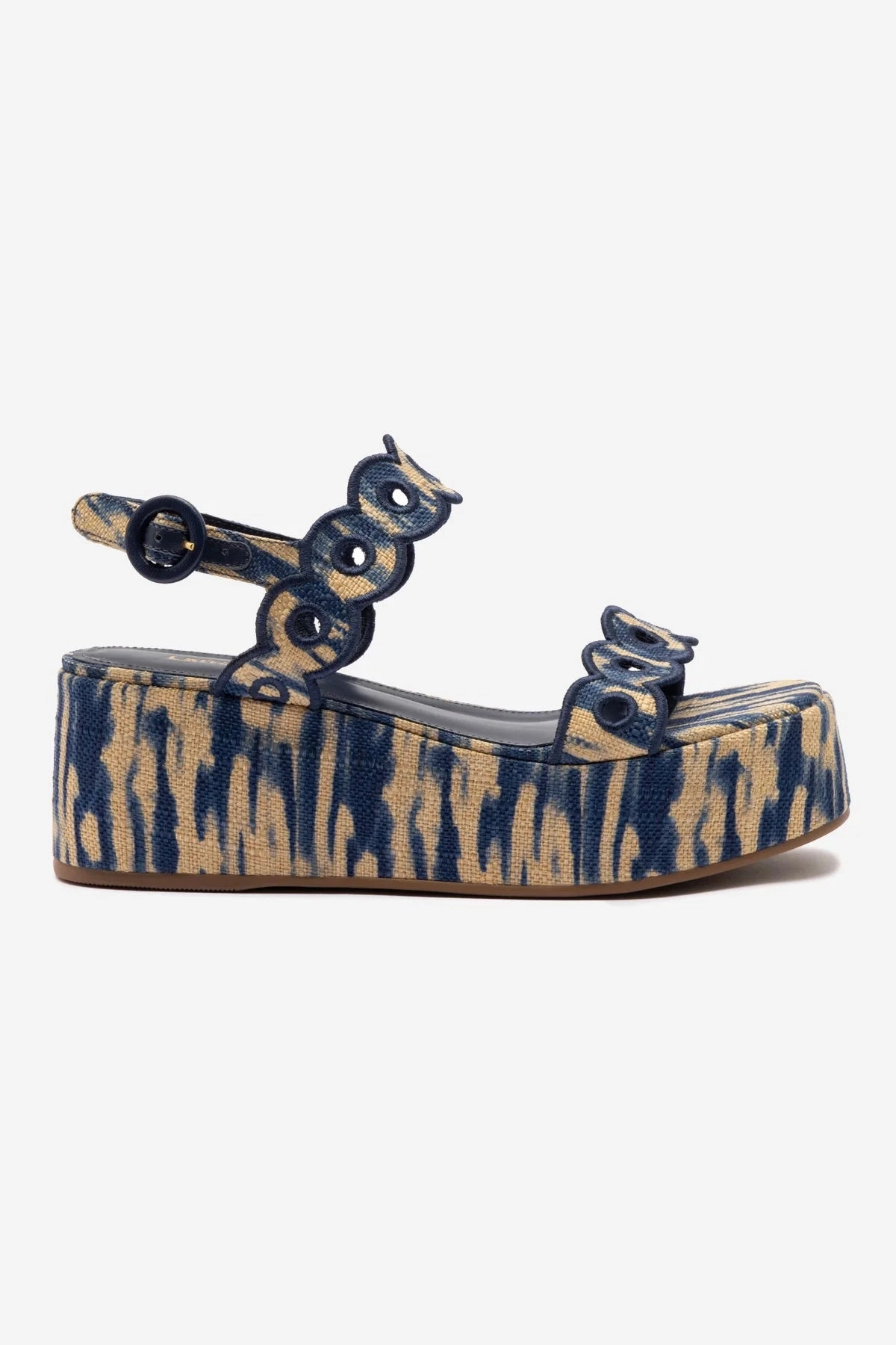 Florence Broderie Flatform Sandal In Tie Dye Beige and Navy Raffia Modern